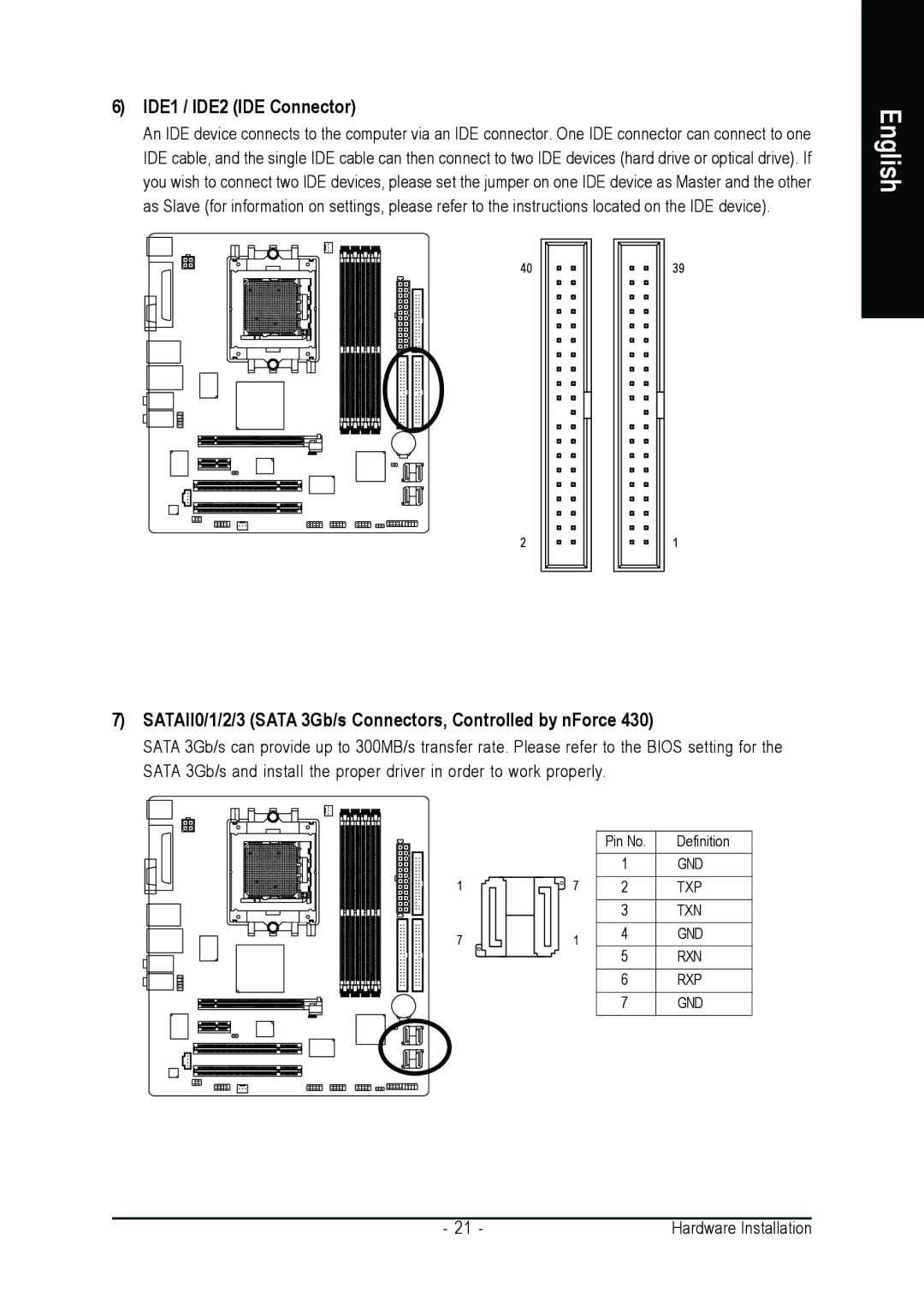 AMD GA-K8N51GMF-9 user manual IDE1 / IDE2 IDE Connector, SATAII0/1/2/3 Sata 3Gb/s Connectors, Controlled by nForce 