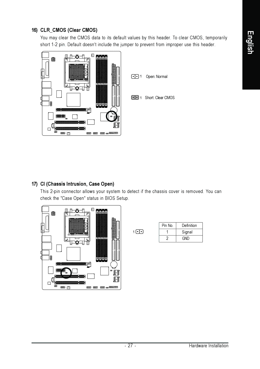 AMD GA-K8N51GMF-9 user manual Clrcmos Clear Cmos, CI Chassis Intrusion, Case Open 