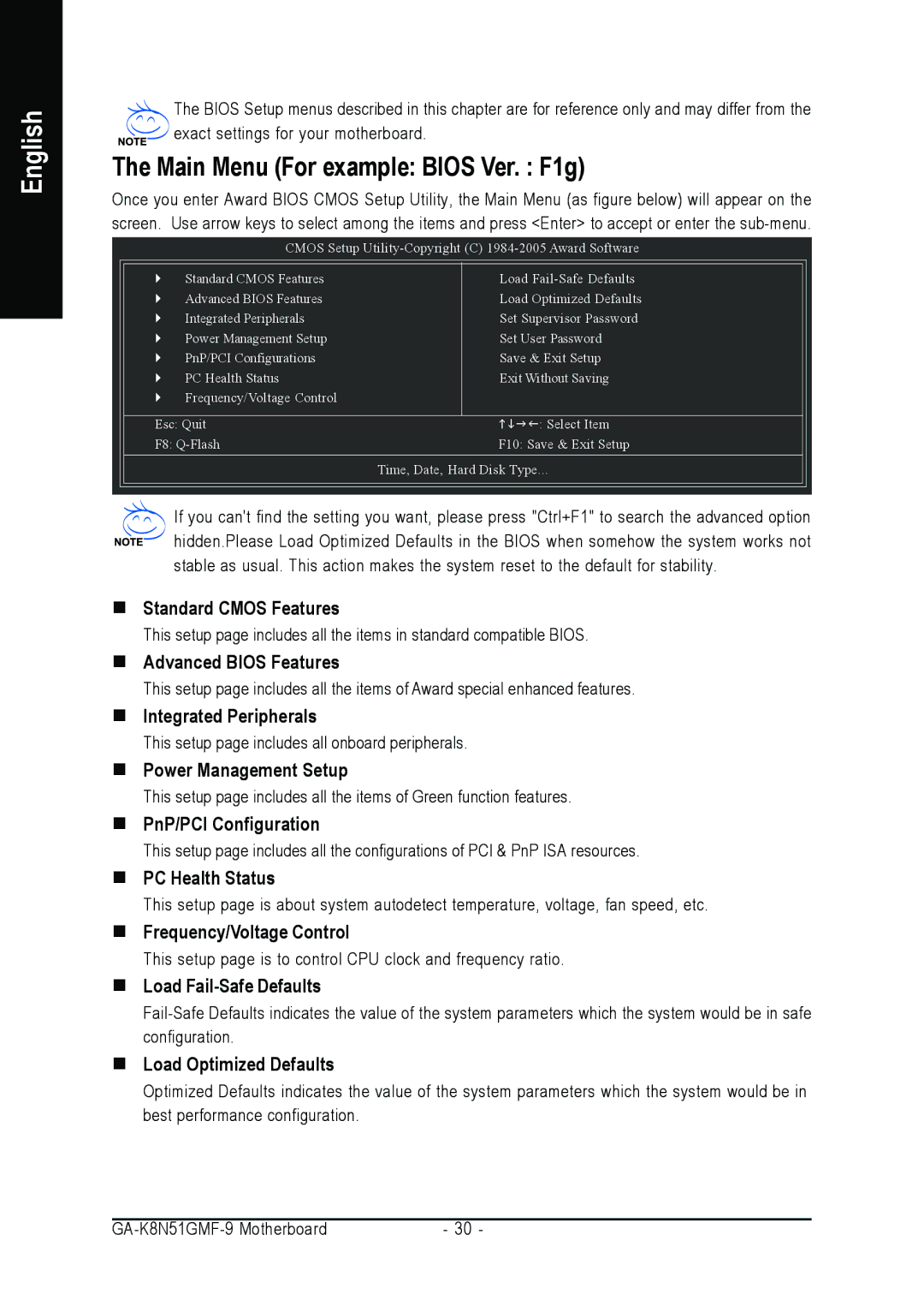 AMD GA-K8N51GMF-9 user manual Main Menu For example Bios Ver. F1g 