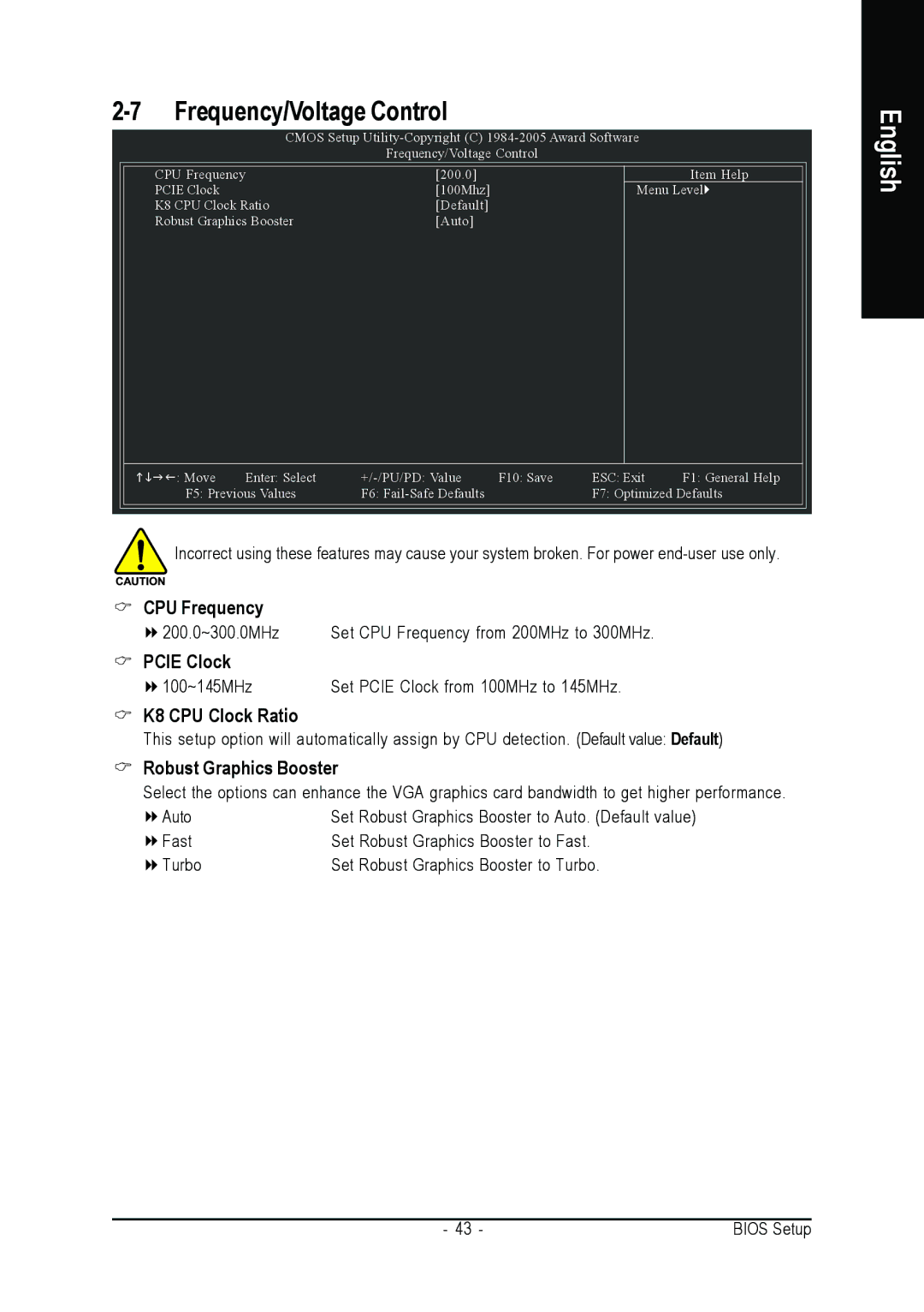 AMD GA-K8N51GMF-9 Frequency/Voltage Control, CPU Frequency, Pcie Clock, K8 CPU Clock Ratio, Robust Graphics Booster 