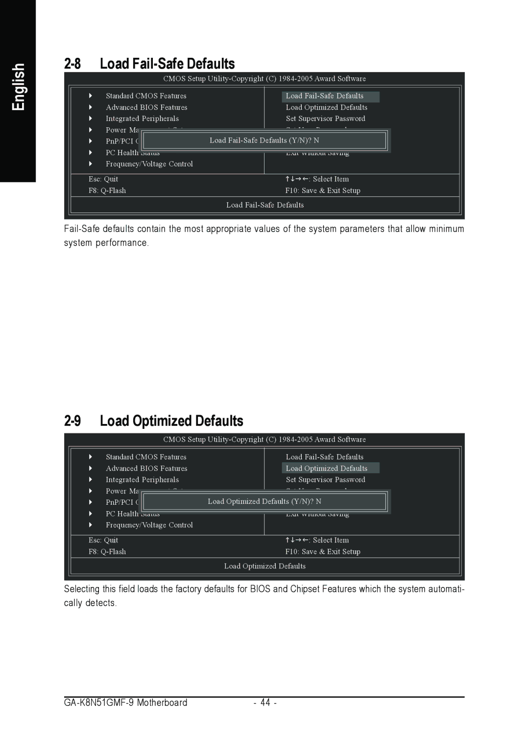 AMD GA-K8N51GMF-9 user manual Load Fail-Safe Defaults, Load Optimized Defaults 