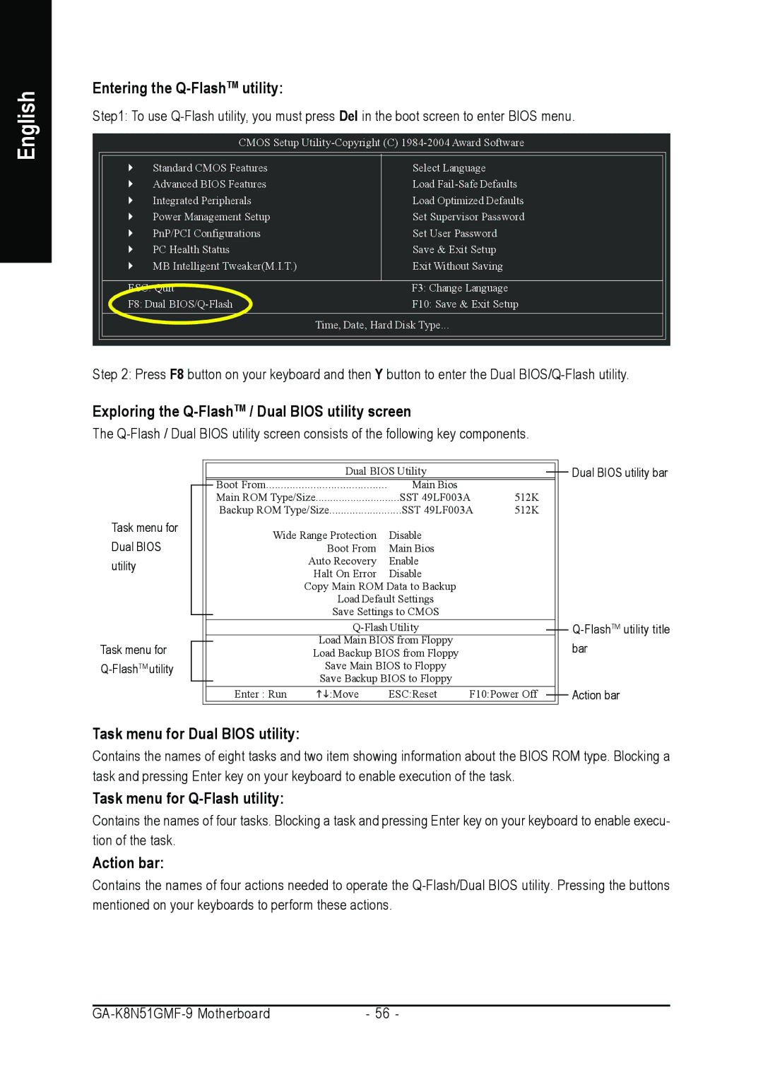 AMD GA-K8N51GMF-9 user manual Entering the Q-FlashTMutility, Exploring the Q-FlashTM / Dual Bios utility screen, Action bar 