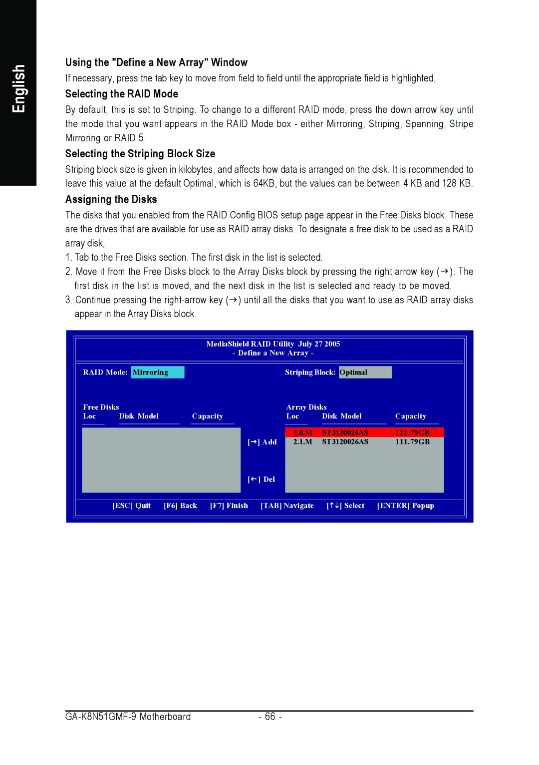 AMD GA-K8N51GMF-9 Using the Define a New Array Window, Selecting the RAID Mode, Selecting the Striping Block Size 