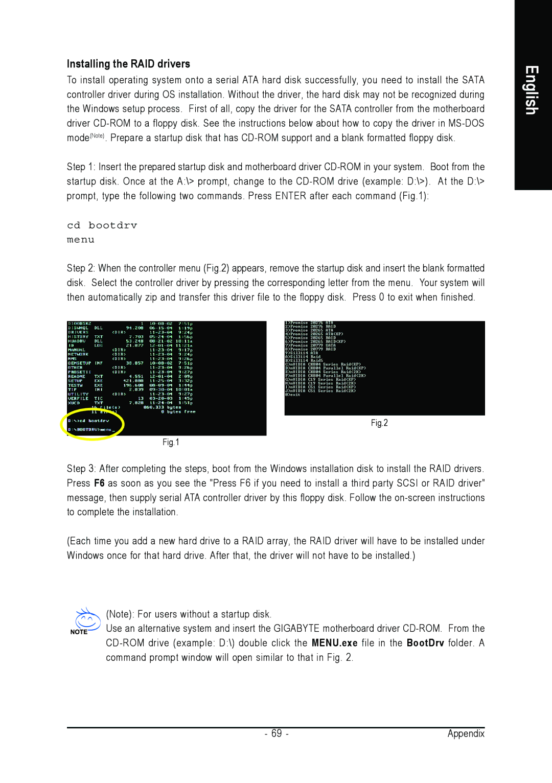 AMD GA-K8N51GMF-9 user manual Installing the RAID drivers, Cd bootdrv Menu 