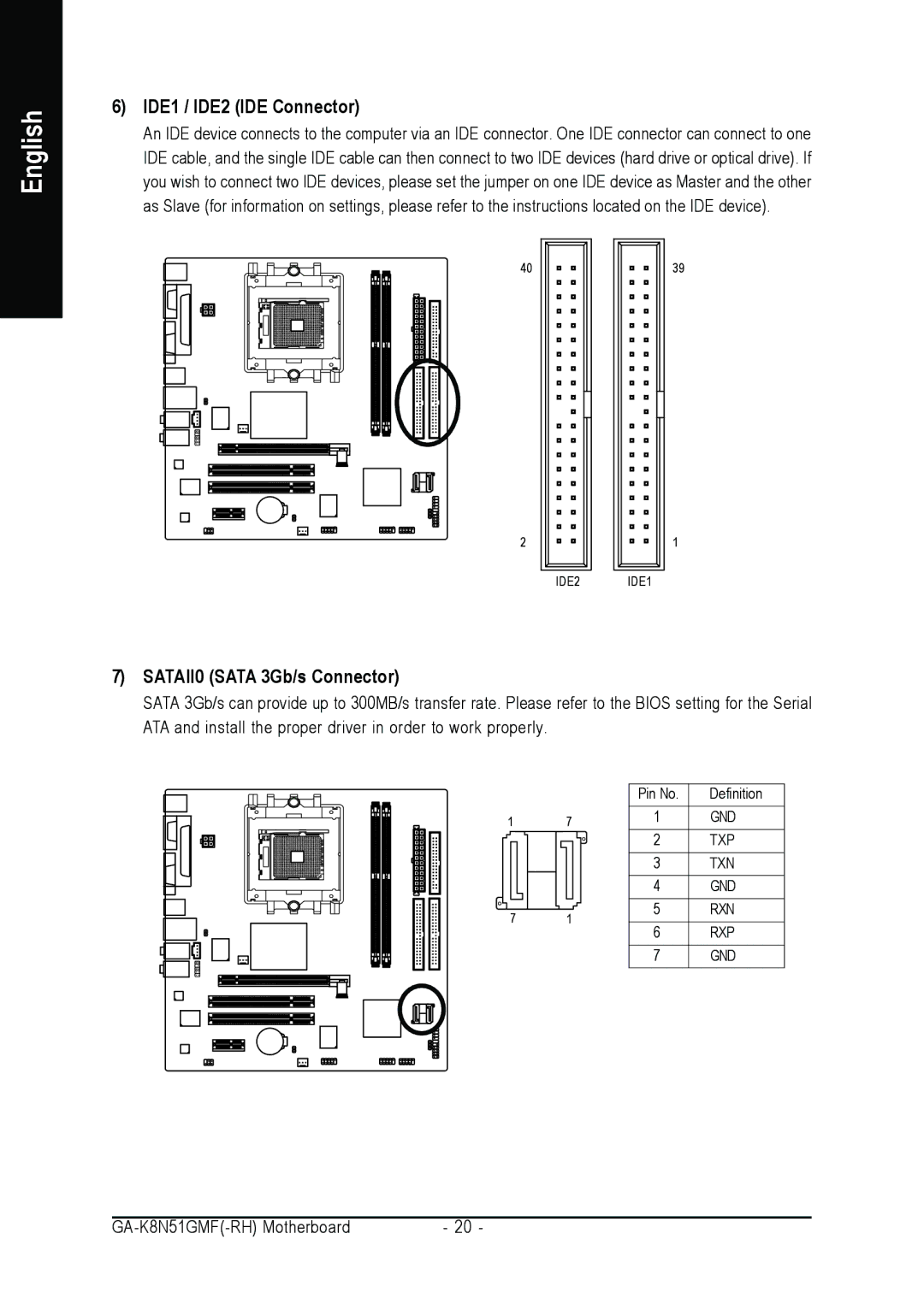 AMD GA-K8N51GMF-RH user manual IDE1 / IDE2 IDE Connector, SATAII0 Sata 3Gb/s Connector 