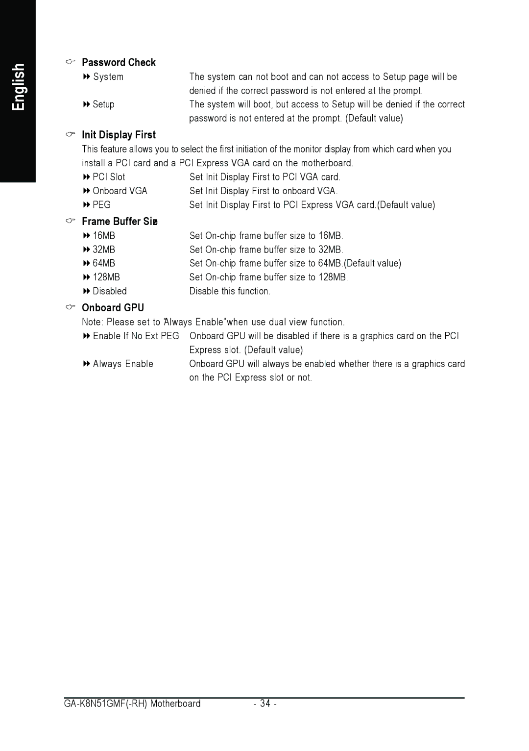 AMD GA-K8N51GMF-RH user manual Password Check, Init Display First, Frame Buffer Size, Onboard GPU 