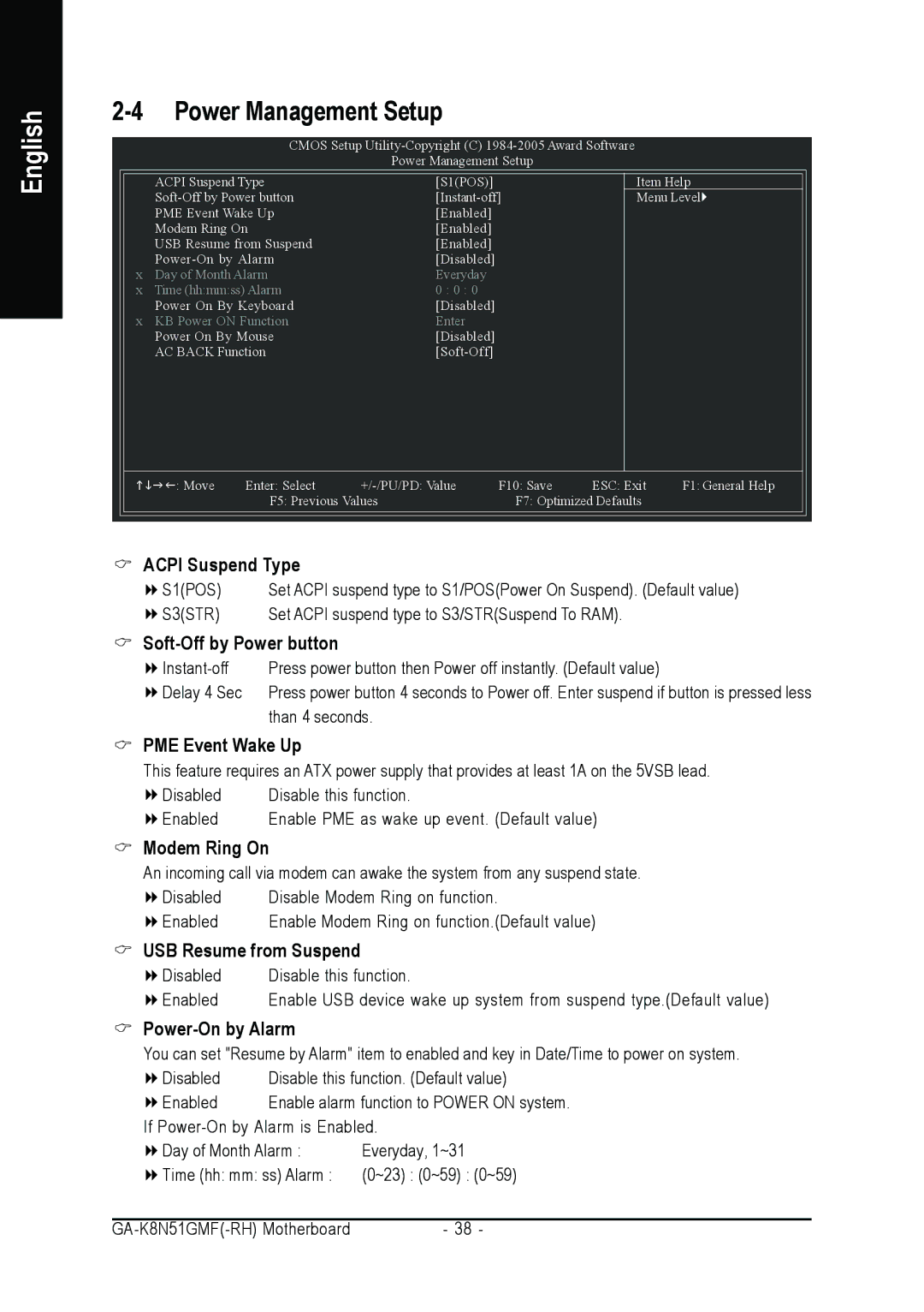 AMD GA-K8N51GMF-RH user manual PME Event Wake Up, Modem Ring On, USB Resume from Suspend, Power-On by Alarm 