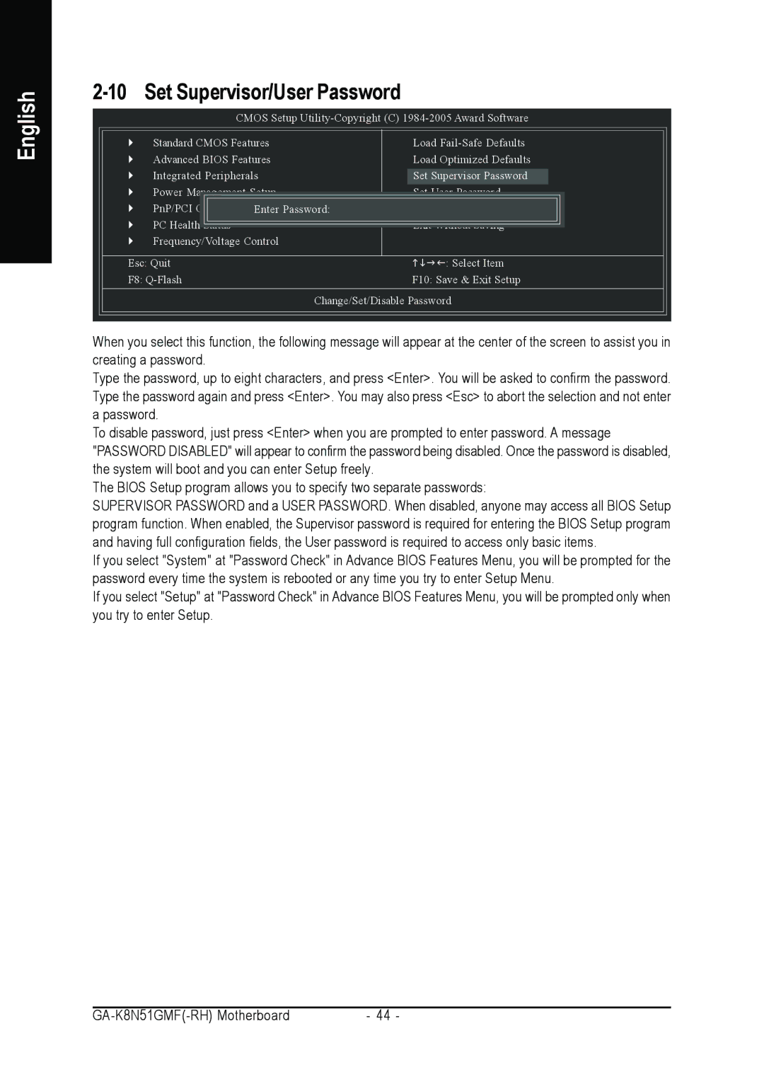 AMD GA-K8N51GMF-RH user manual Set Supervisor/User Password 