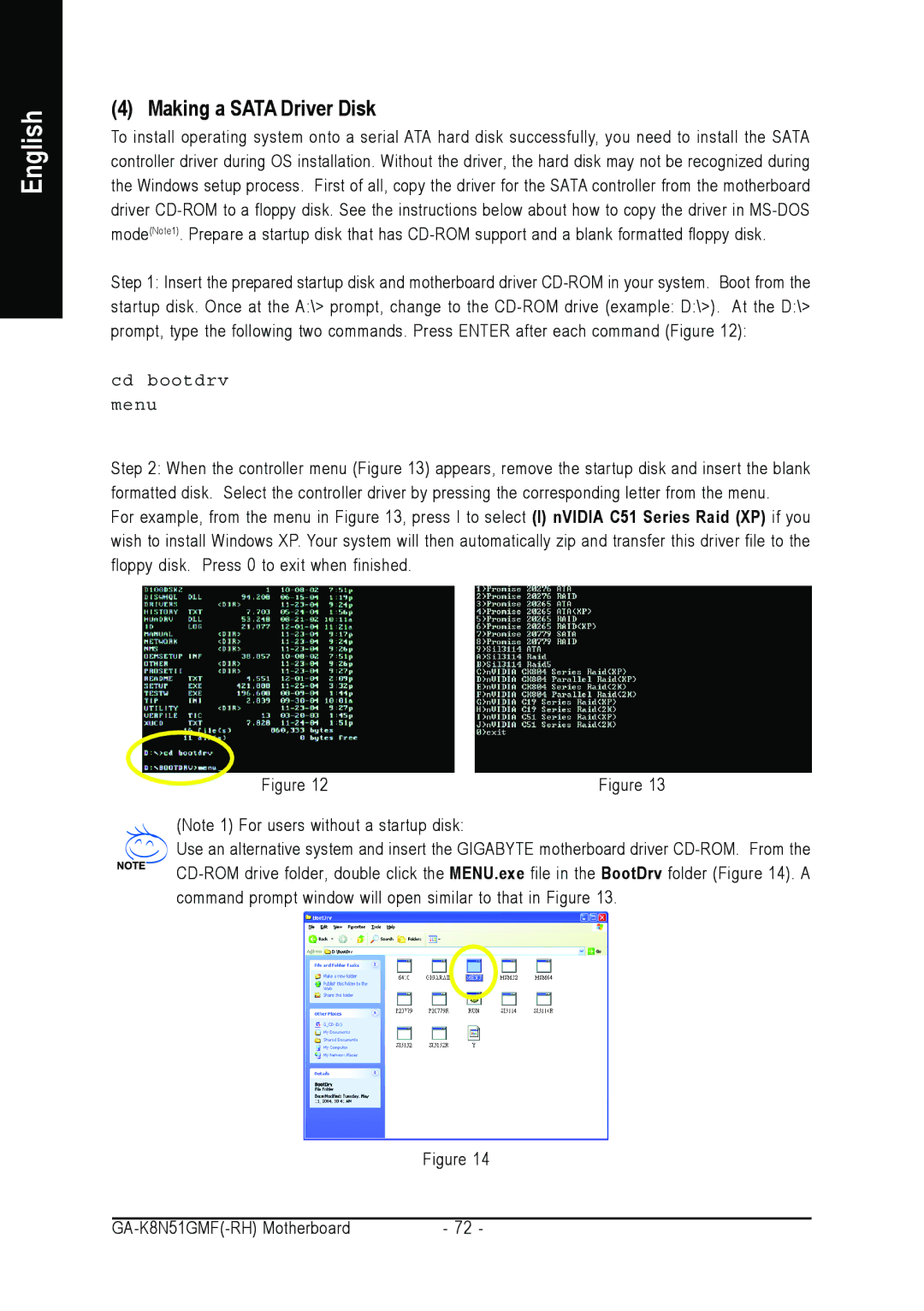 AMD GA-K8N51GMF-RH user manual Making a Sata Driver Disk, Cd bootdrv Menu 