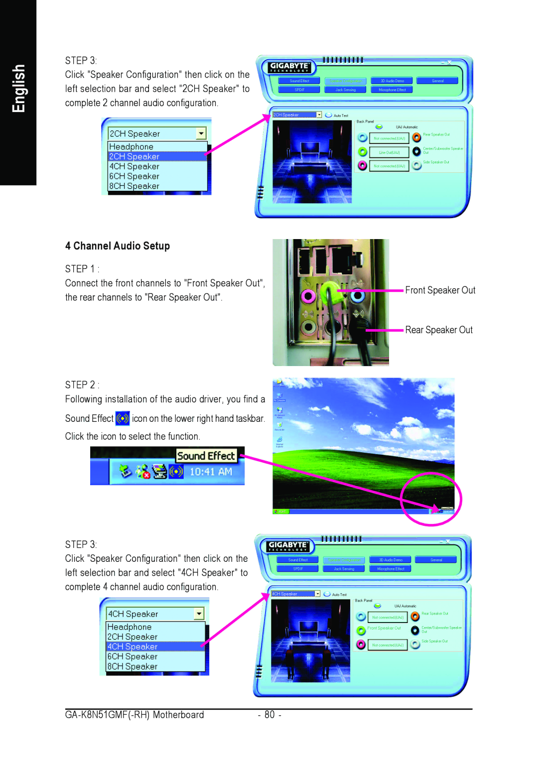 AMD GA-K8N51GMF-RH user manual Channel Audio Setup 