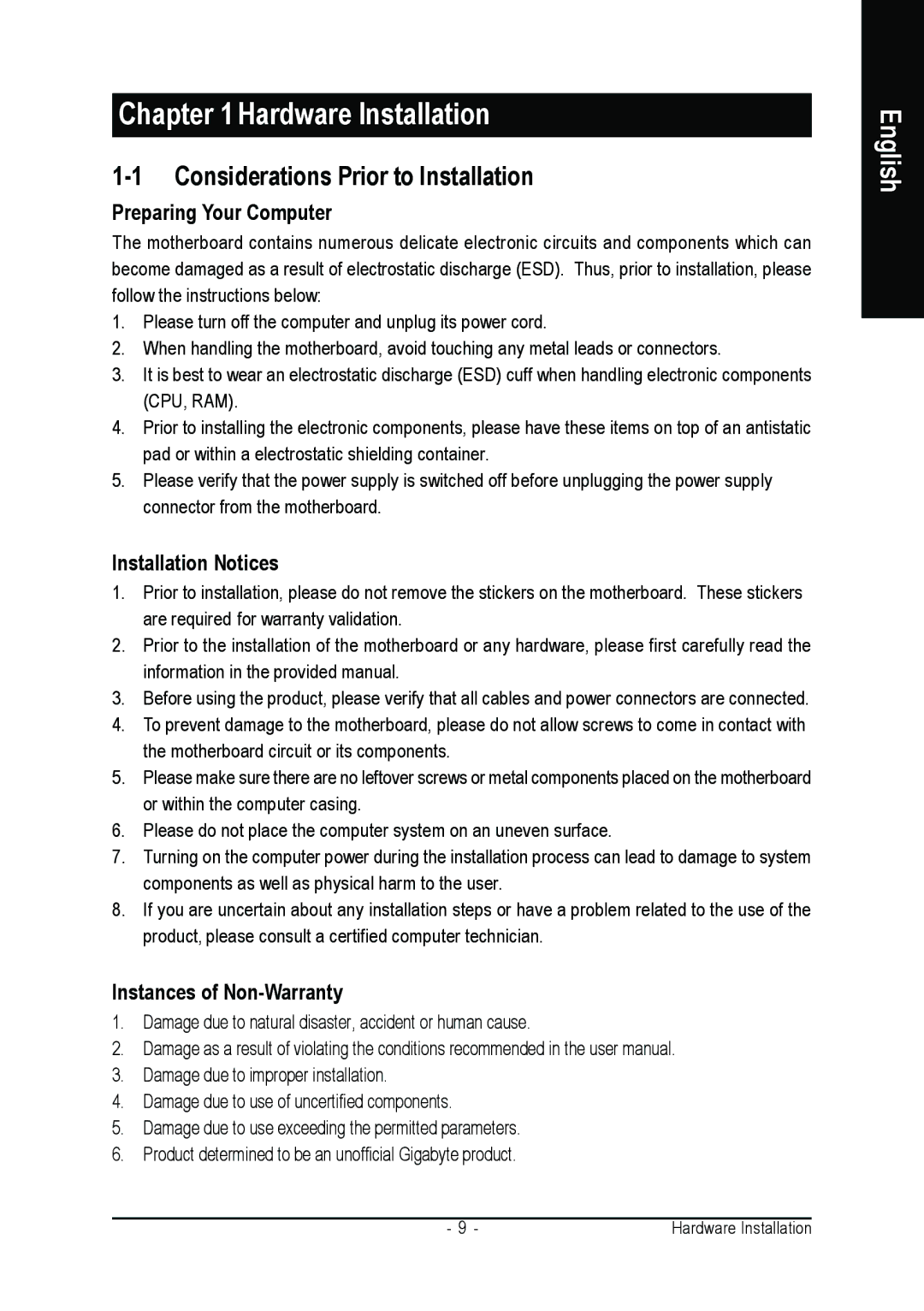 AMD GA-K8N51GMF-RH user manual Considerations Prior to Installation, Preparing Your Computer, Installation Notices 