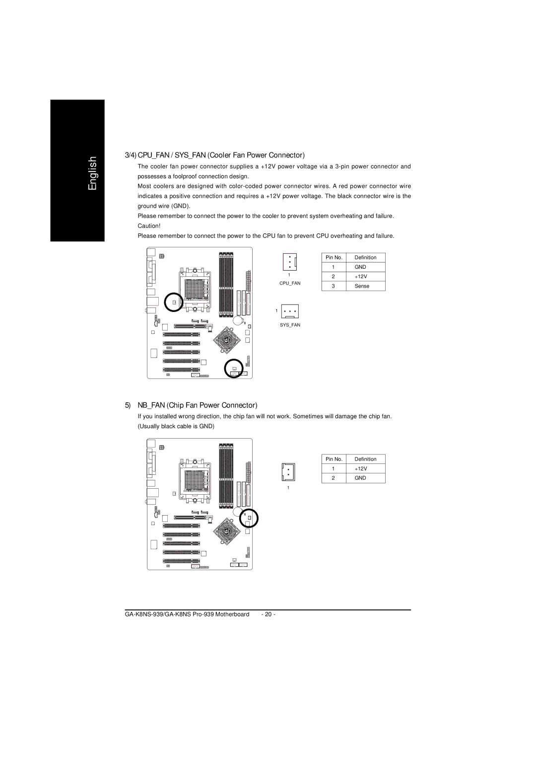 AMD GA-K8NS PRO-939, GA-K8NS-939 user manual Cpufan / Sysfan Cooler Fan Power Connector, Nbfan Chip Fan Power Connector 