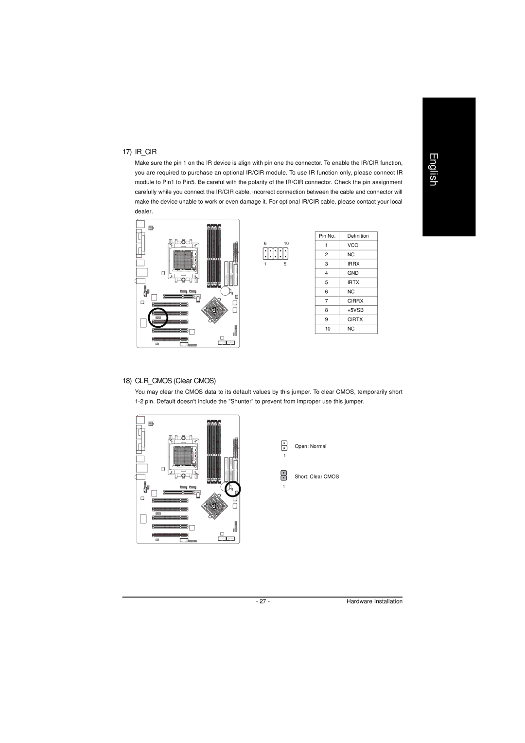 AMD GA-K8NS-939, GA-K8NS PRO-939 user manual Ircir, Clrcmos Clear Cmos 