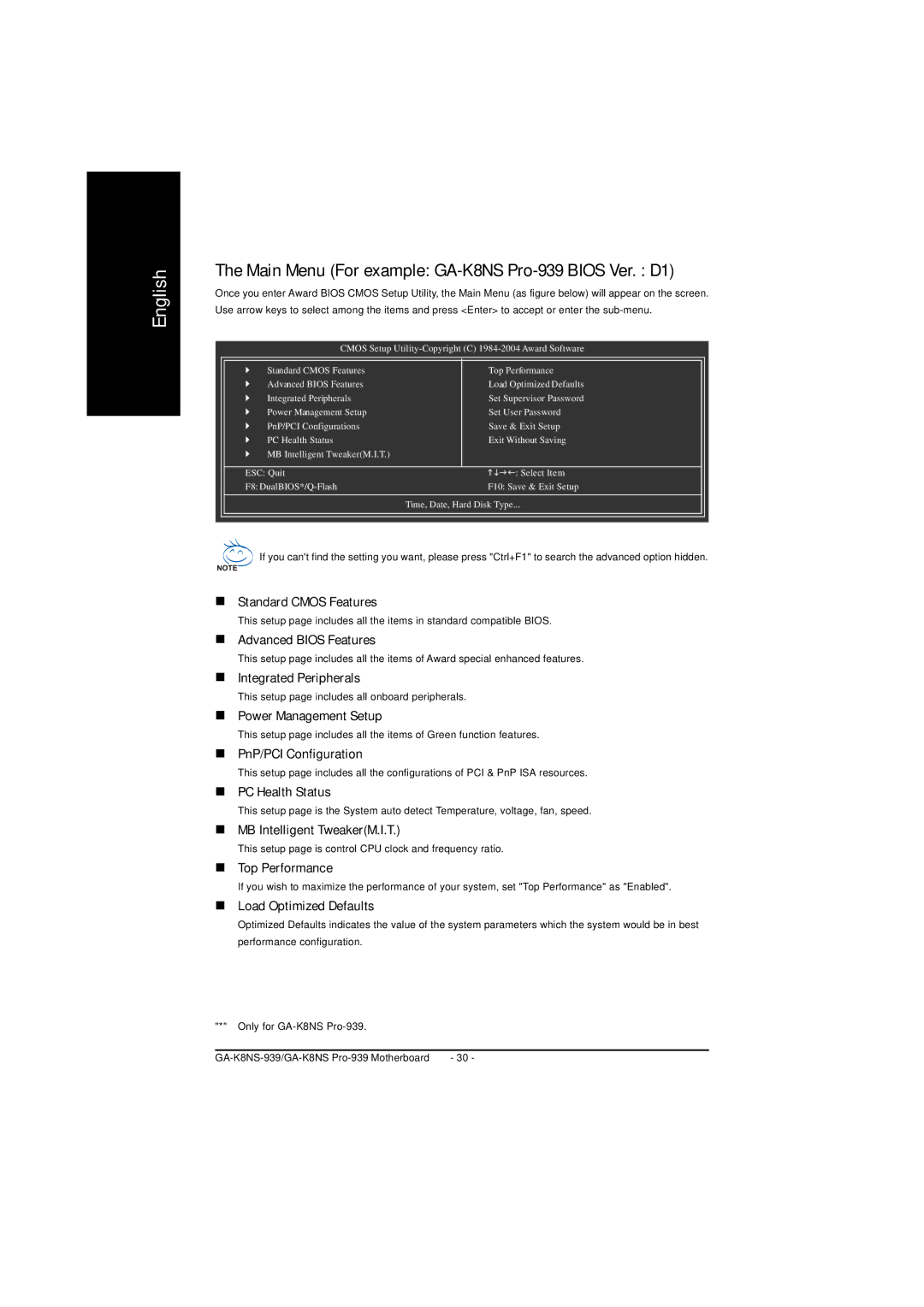 AMD GA-K8NS PRO-939, GA-K8NS-939 user manual Main Menu For example GA-K8NS Pro-939 Bios Ver. D1 