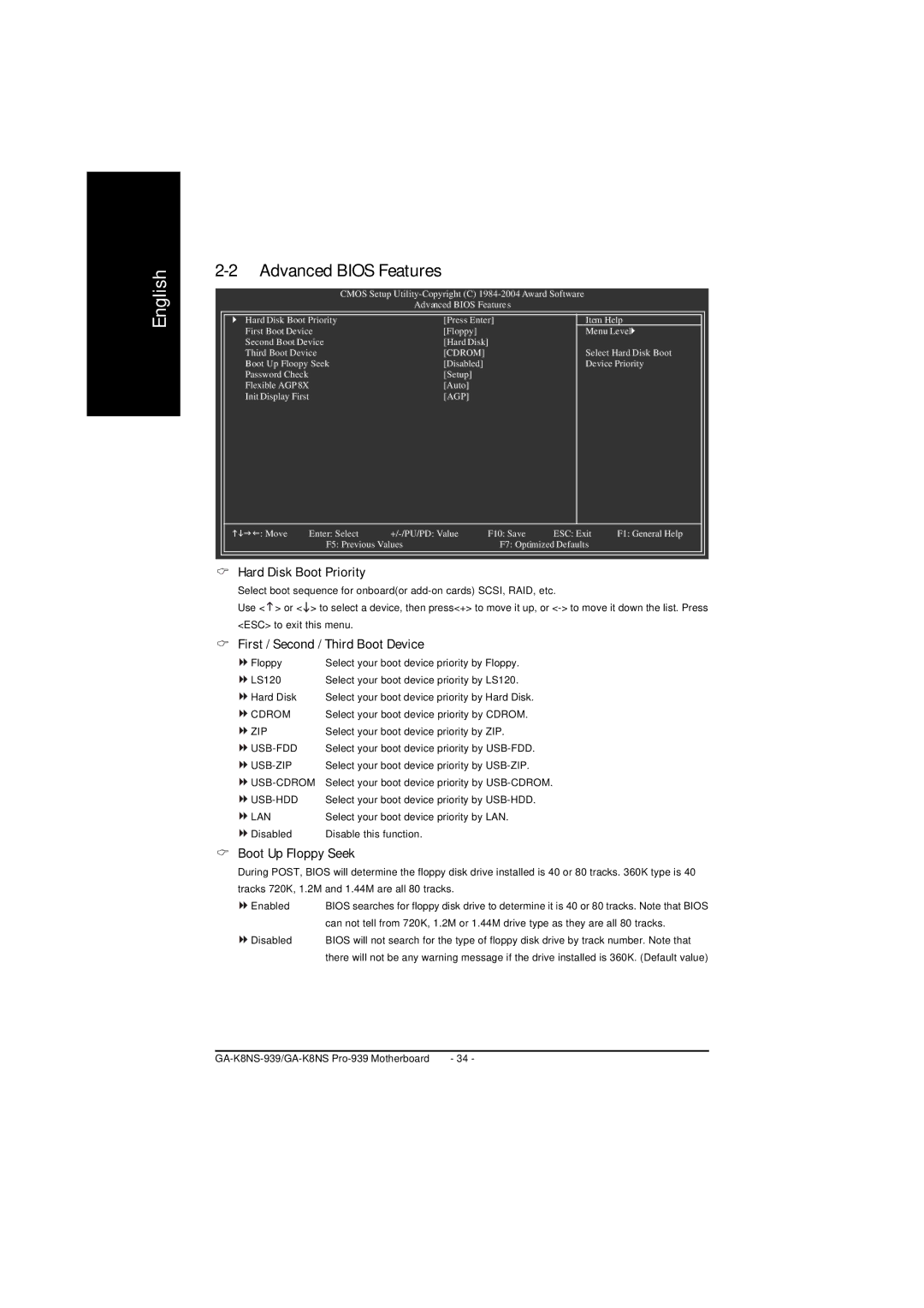 AMD GA-K8NS PRO-939, GA-K8NS-939 Hard Disk Boot Priority, First / Second / Third Boot Device, Boot Up Floppy Seek 