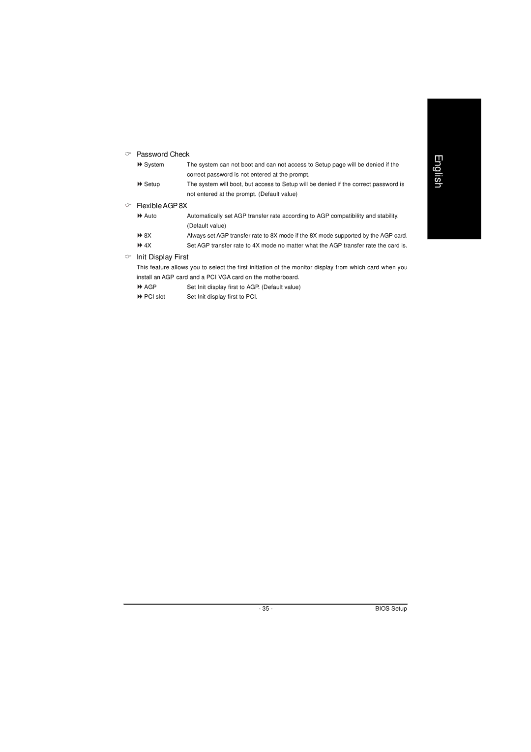 AMD GA-K8NS-939, GA-K8NS PRO-939 user manual Password Check, Flexible AGP, Init Display First 