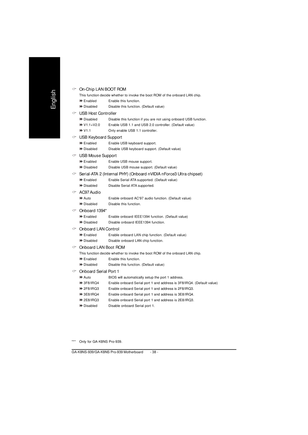 AMD GA-K8NS PRO-939 On-Chip LAN Boot ROM, USB Host Controller, USB Keyboard Support, USB Mouse Support, AC97 Audio 