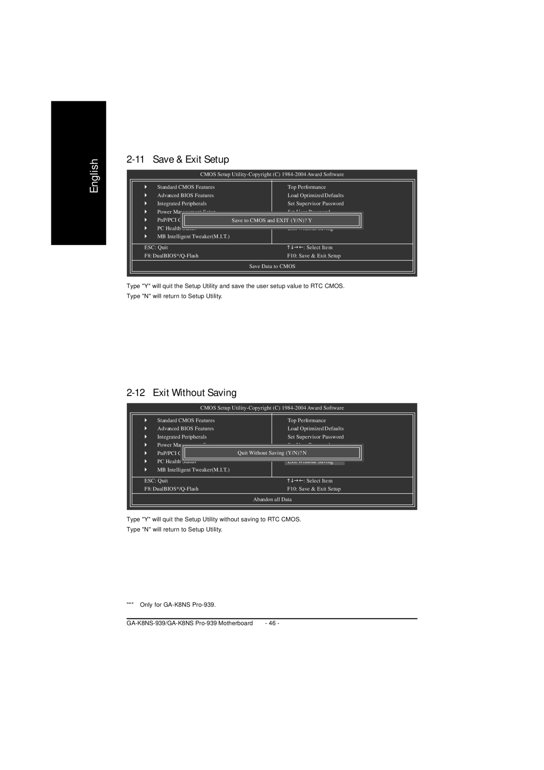 AMD GA-K8NS PRO-939, GA-K8NS-939 user manual Save & Exit Setup, Exit Without Saving 