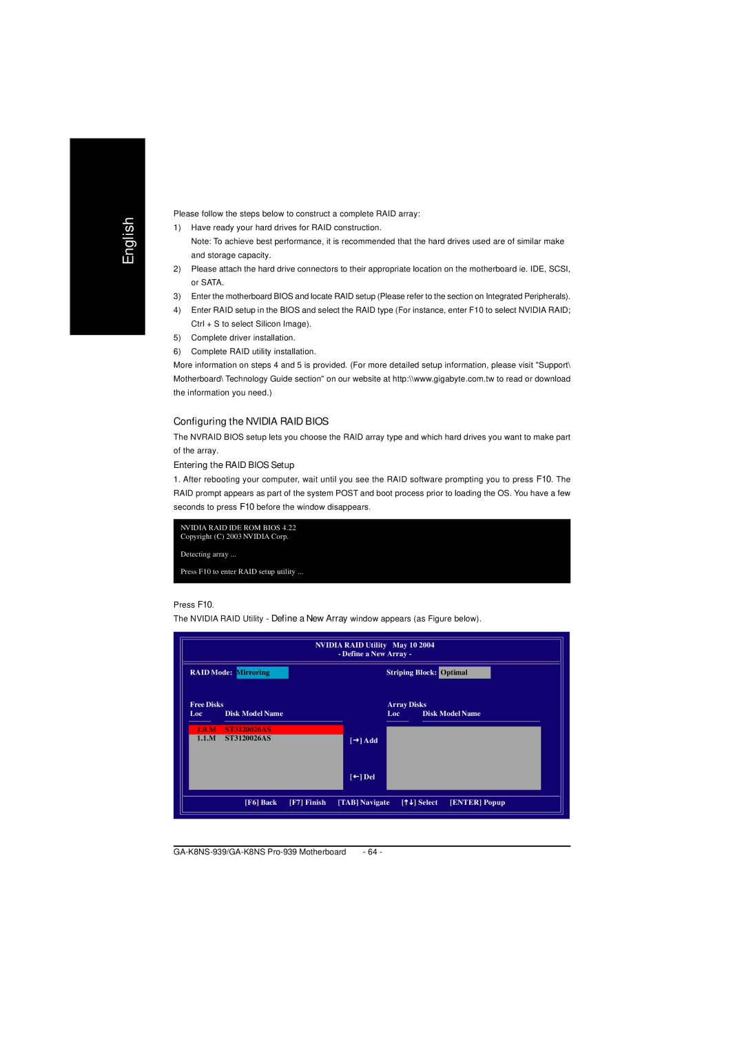 AMD GA-K8NS PRO-939, GA-K8NS-939 user manual Configuring the Nvidia RAID Bios, Entering the RAID Bios Setup 