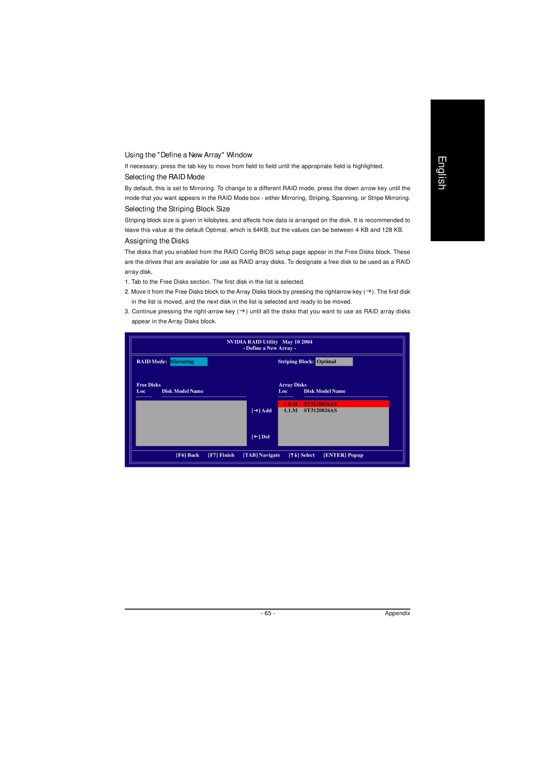 AMD GA-K8NS-939 user manual Using the Define a New Array Window, Selecting the RAID Mode, Selecting the Striping Block Size 