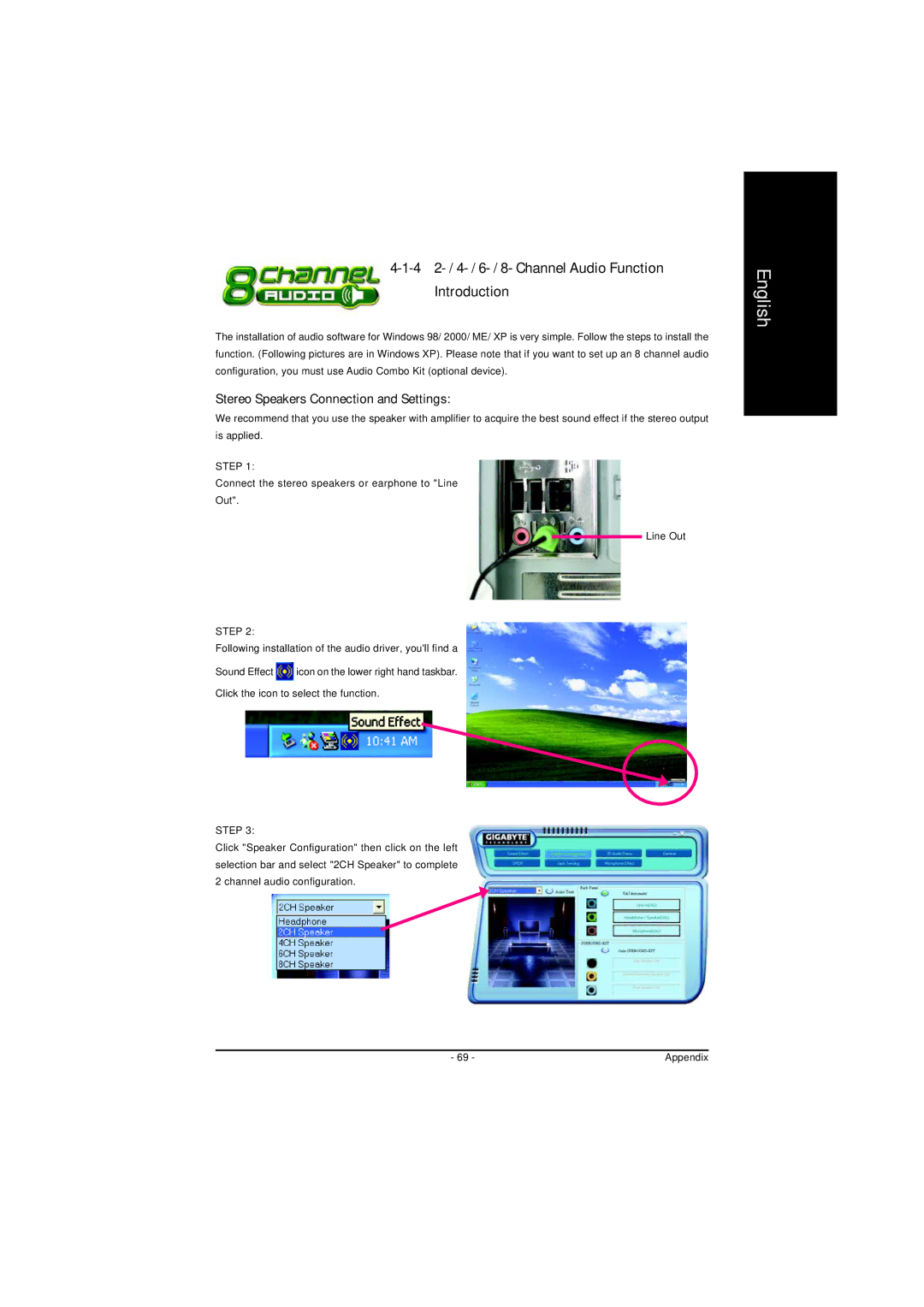 AMD GA-K8NS-939 4 2- / 4- / 6- / 8- Channel Audio Function Introduction, Stereo Speakers Connection and Settings 