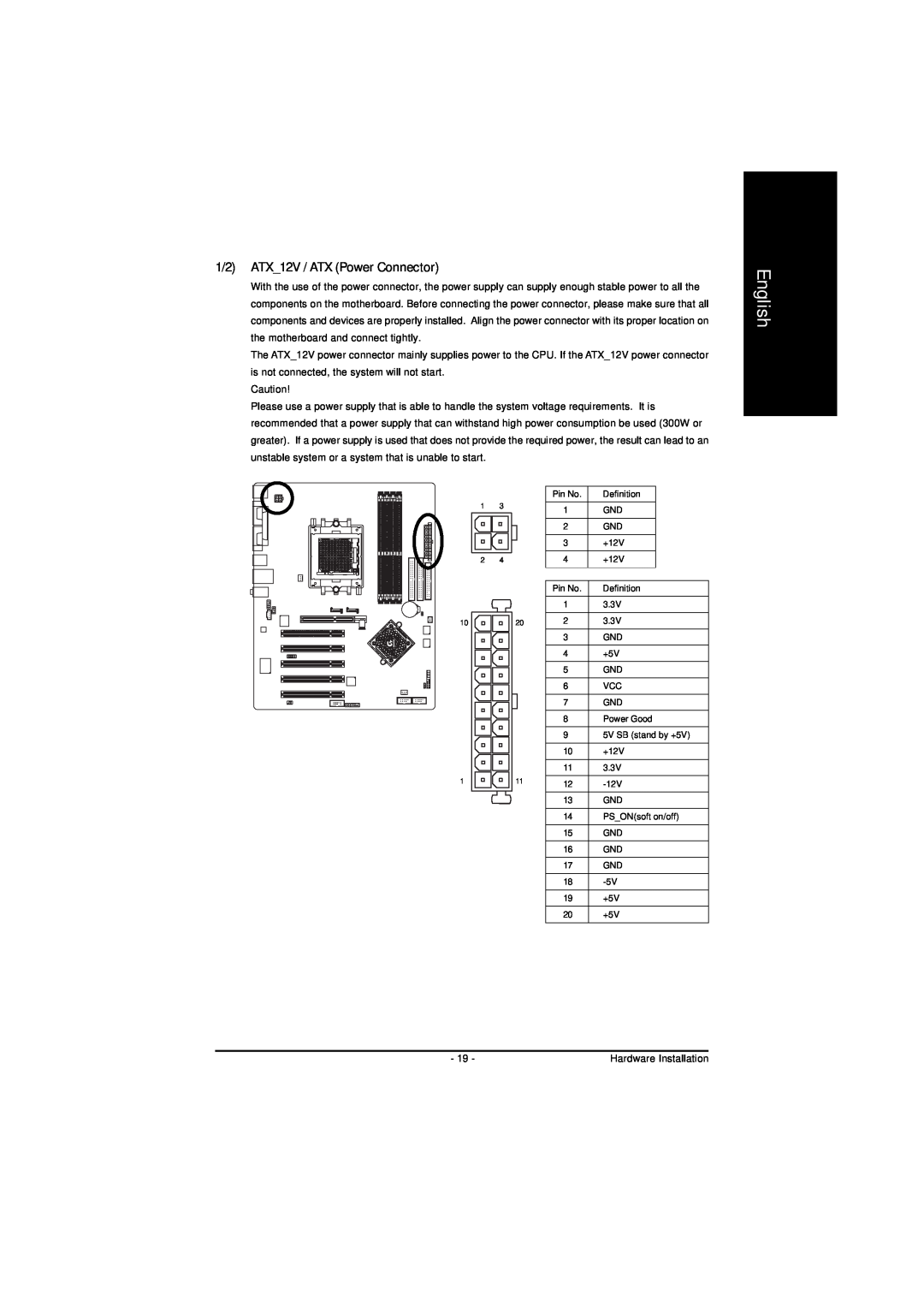 AMD GA-K8NS-939, GA-K8NS PRO-939 user manual 1/2 ATX12V / ATX Power Connector, English 