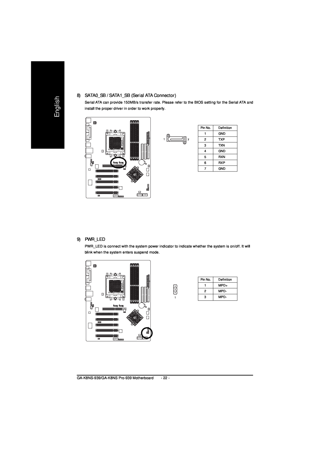 AMD GA-K8NS PRO-939, GA-K8NS-939 user manual SATA0SB / SATA1SB Serial ATA Connector, Pwrled, English 