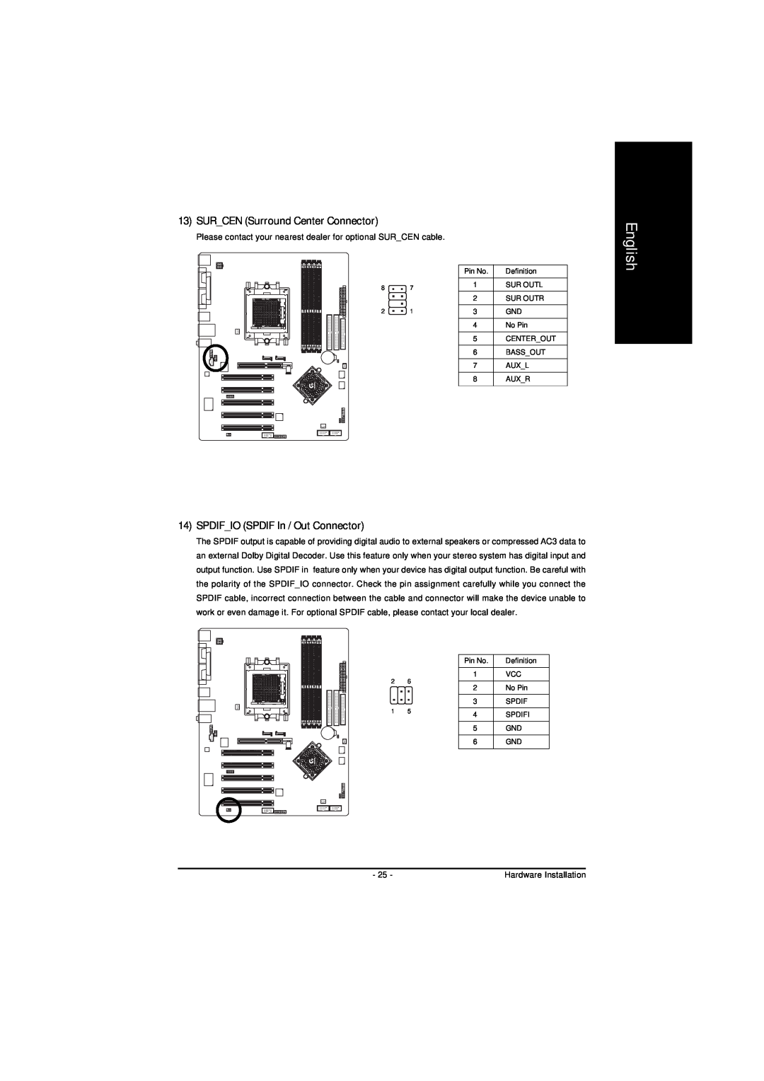 AMD GA-K8NS-939, GA-K8NS PRO-939 user manual SURCEN Surround Center Connector, SPDIFIO SPDIF In / Out Connector, English 
