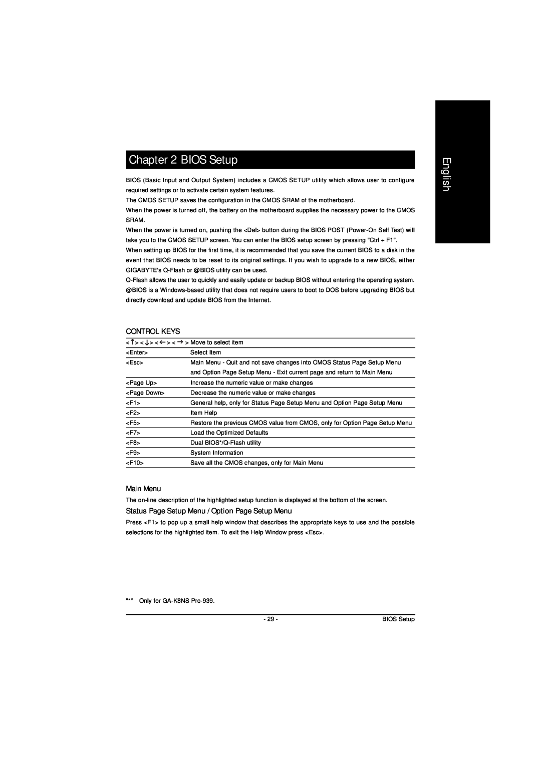 AMD GA-K8NS-939 user manual BIOS Setup, Control Keys, Main Menu, Status Page Setup Menu / Option Page Setup Menu, English 