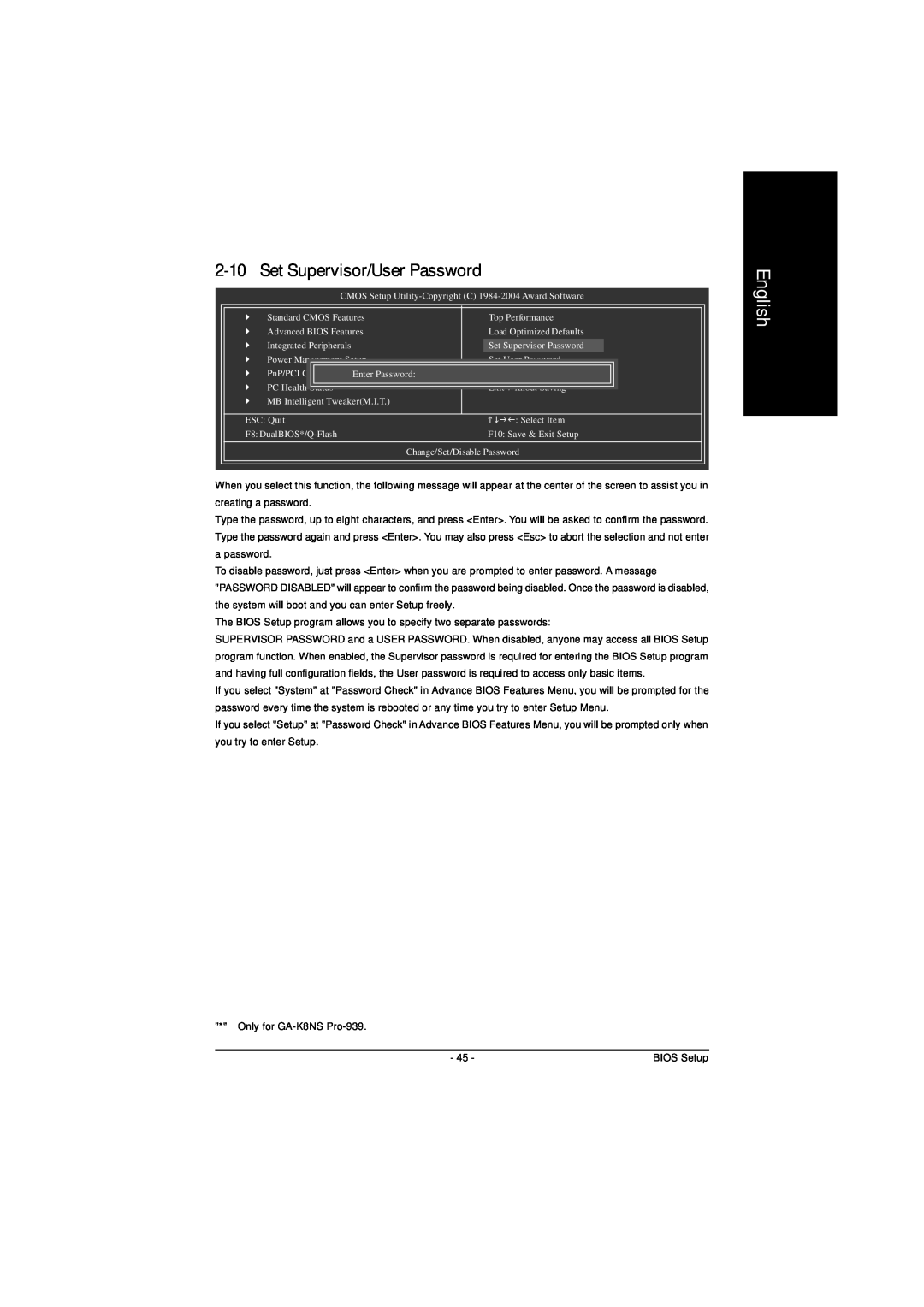 AMD GA-K8NS-939, GA-K8NS PRO-939 user manual 2-10, Set Supervisor/User Password, English 