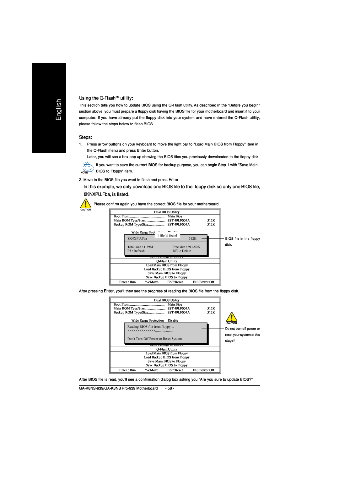 AMD GA-K8NS PRO-939, GA-K8NS-939 user manual Using the Q-FlashTM utility, Steps, 8KNXPU.Fba, is listed, English 