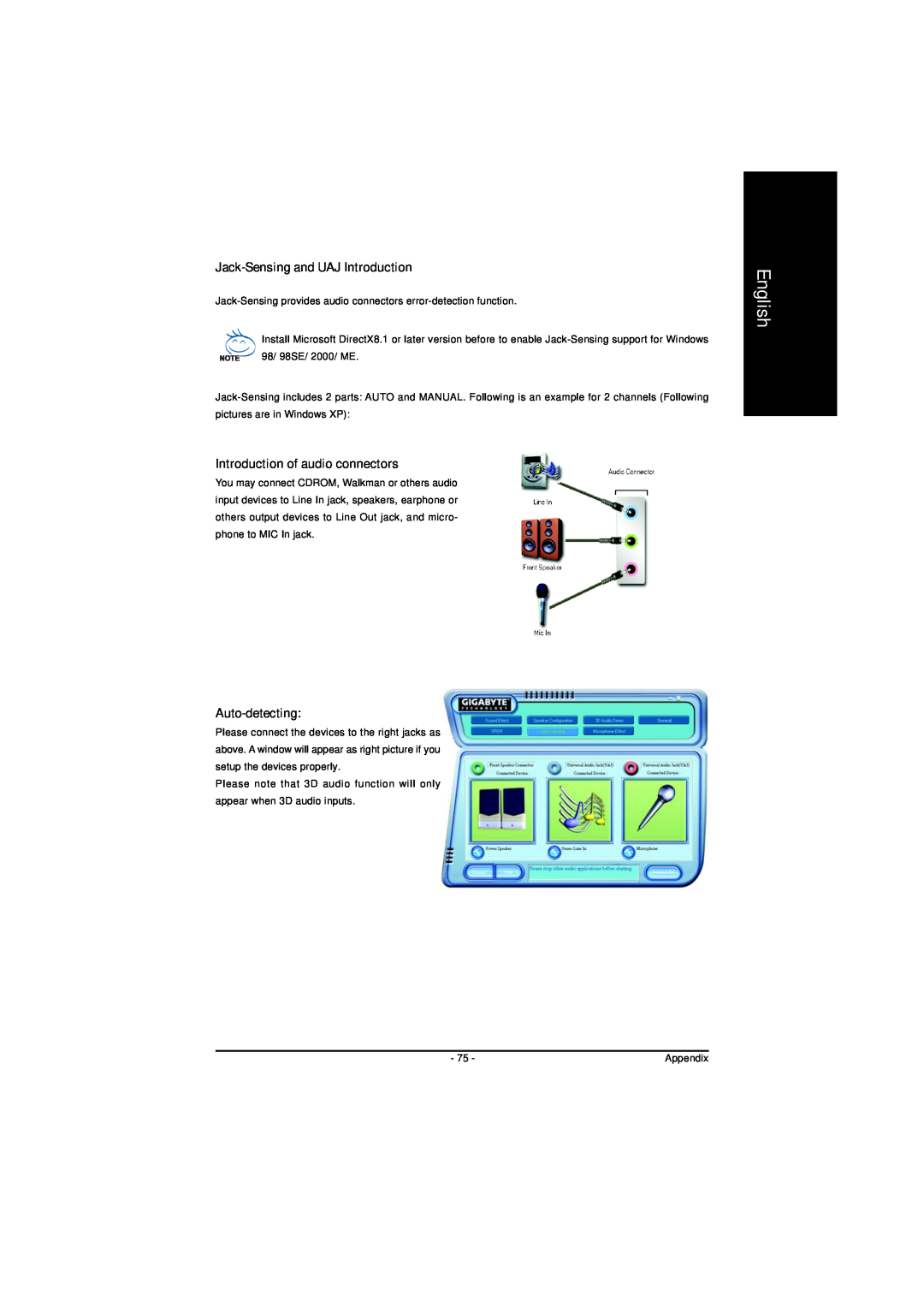 AMD GA-K8NS-939 user manual Jack-Sensing and UAJ Introduction, Introduction of audio connectors, Auto-detecting, English 