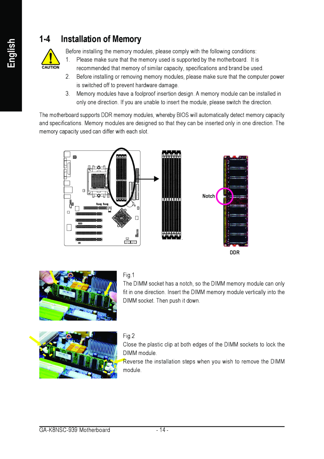 AMD GA-K8NSC-939 user manual Installation of Memory 