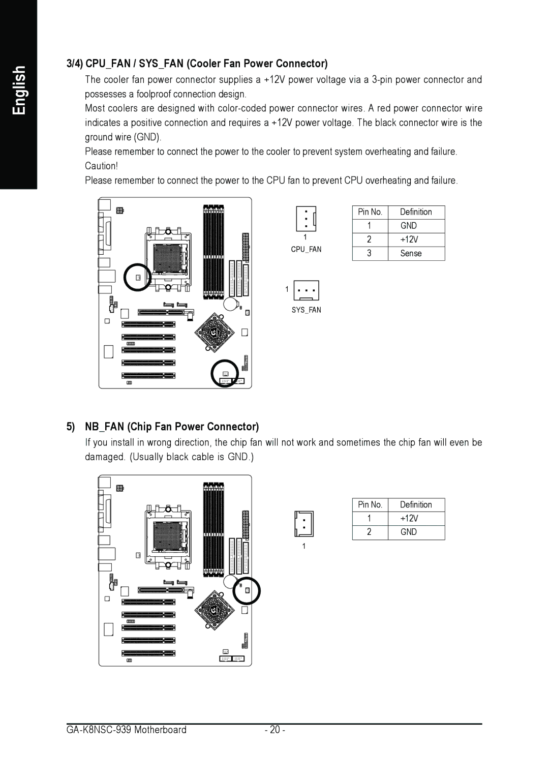 AMD GA-K8NSC-939 user manual Cpufan / Sysfan Cooler Fan Power Connector, Nbfan Chip Fan Power Connector 