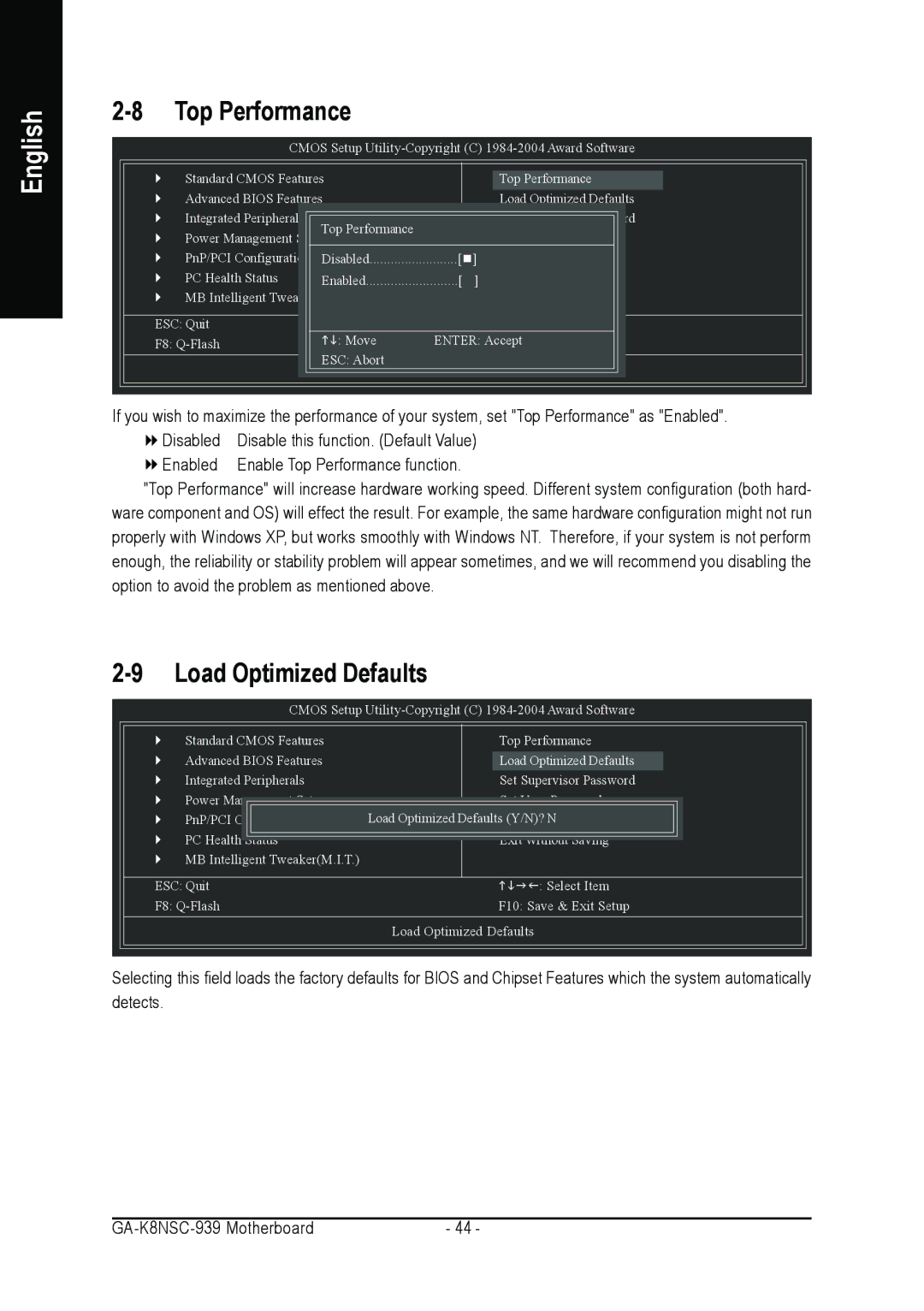 AMD GA-K8NSC-939 user manual Top Performance, Load Optimized Defaults 