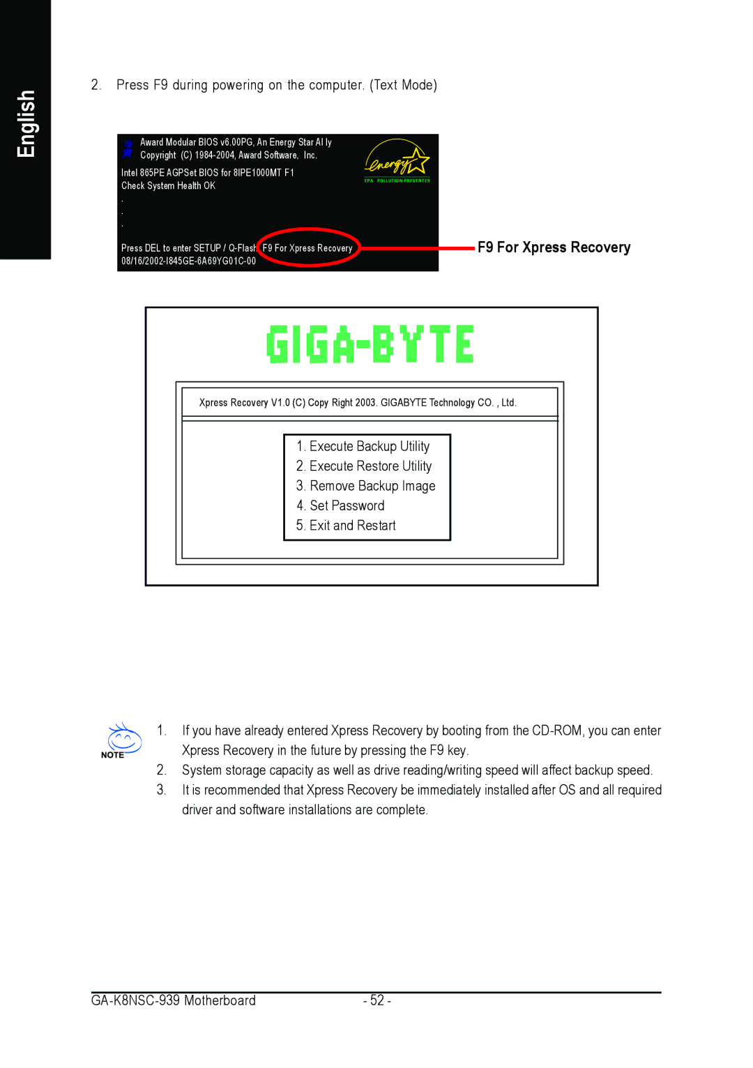 AMD GA-K8NSC-939 user manual English, F9 For Xpress Recovery 