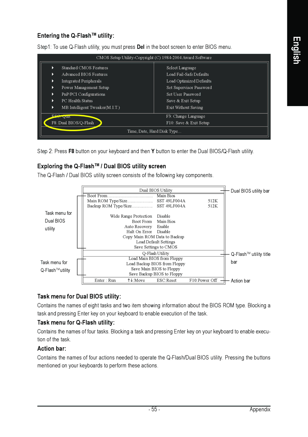 AMD GA-K8NSC-939 user manual Entering the Q-FlashTMutility, Exploring the Q-FlashTM / Dual Bios utility screen, Action bar 