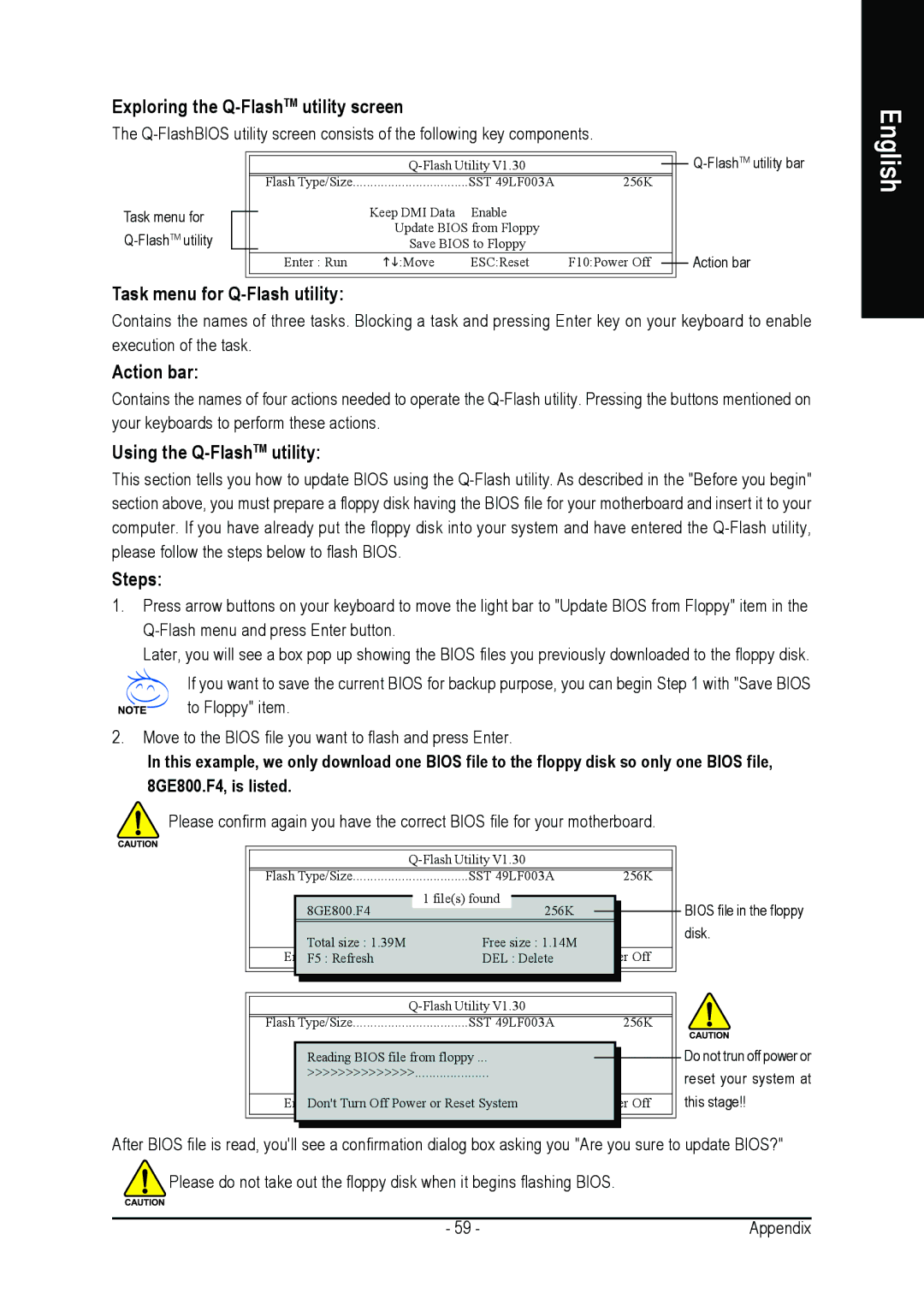 AMD GA-K8NSC-939 user manual Exploring the Q-FlashTMutility screen, FlashTMutility bar 