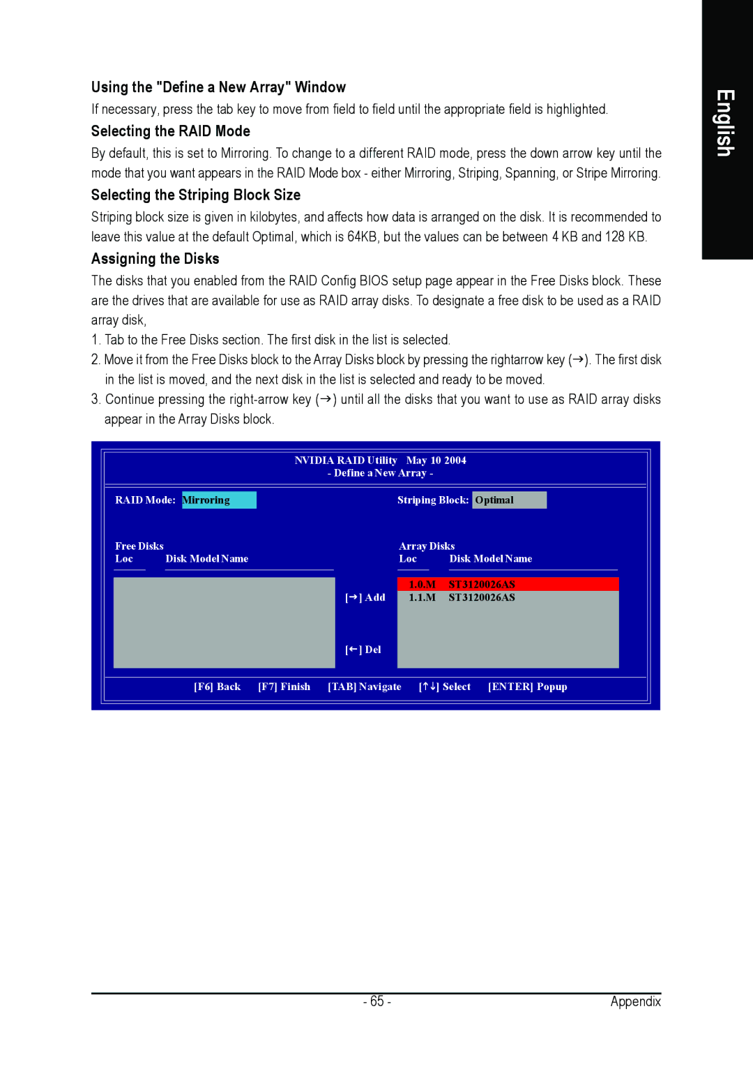 AMD GA-K8NSC-939 Using the Define a New Array Window, Selecting the RAID Mode, Selecting the Striping Block Size 