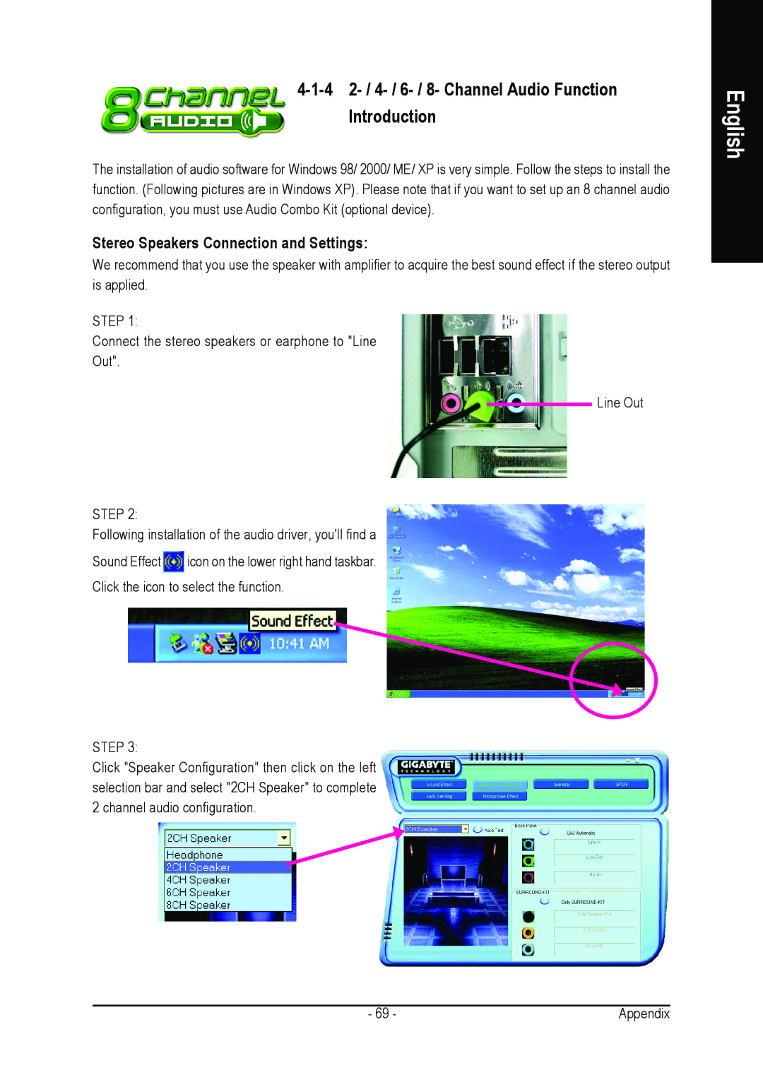 AMD GA-K8NSC-939 4 2- / 4- / 6- / 8- Channel Audio Function Introduction, Stereo Speakers Connection and Settings 