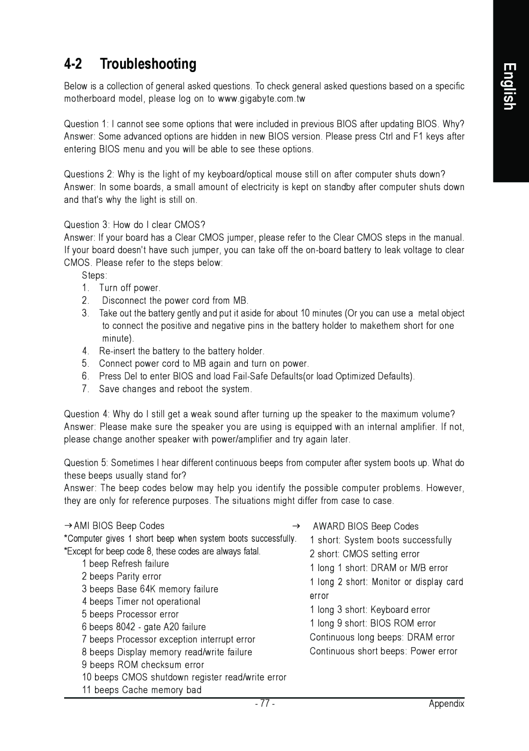 AMD GA-K8NSC-939 user manual Troubleshooting, AMI Bios Beep Codes 