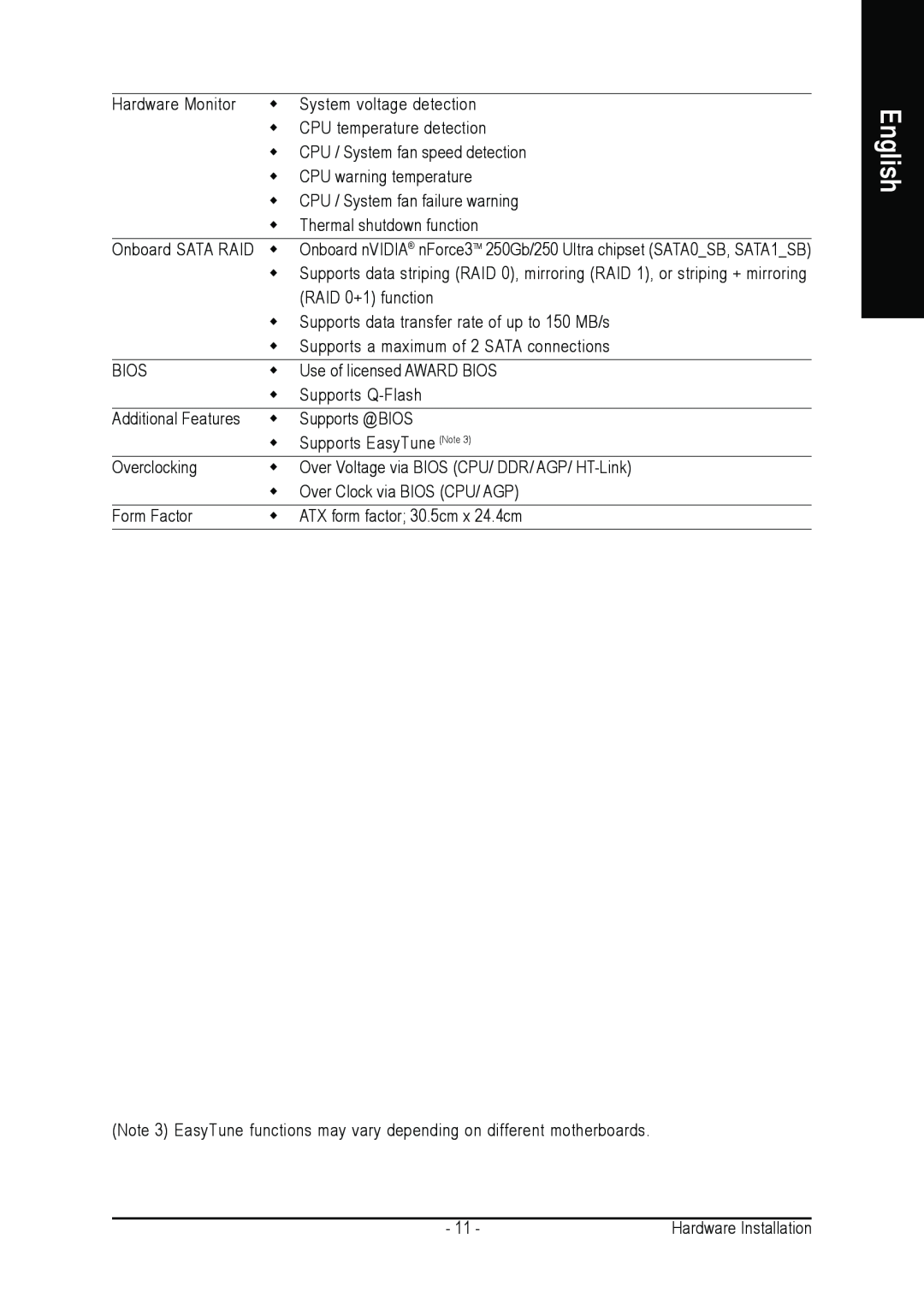 AMD GA-K8NSC-939 user manual English, Onboard SATA RAID, Additional Features 