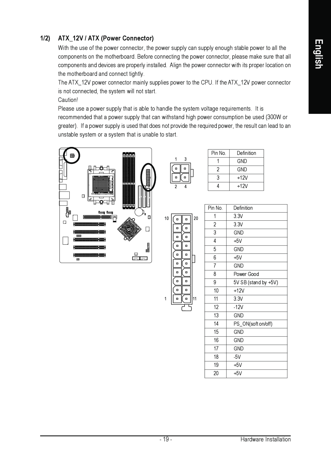 AMD GA-K8NSC-939 user manual 1/2 ATX12V / ATX Power Connector, English 