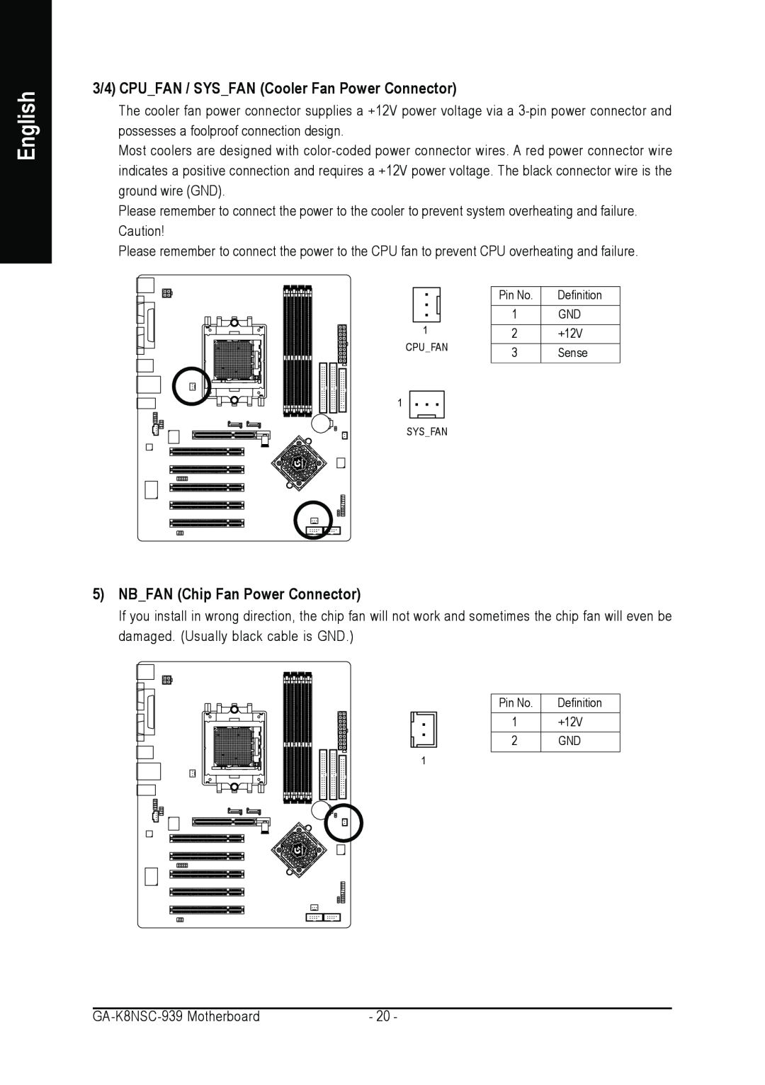 AMD GA-K8NSC-939 user manual 3/4 CPUFAN / SYSFAN Cooler Fan Power Connector, NBFAN Chip Fan Power Connector, English 