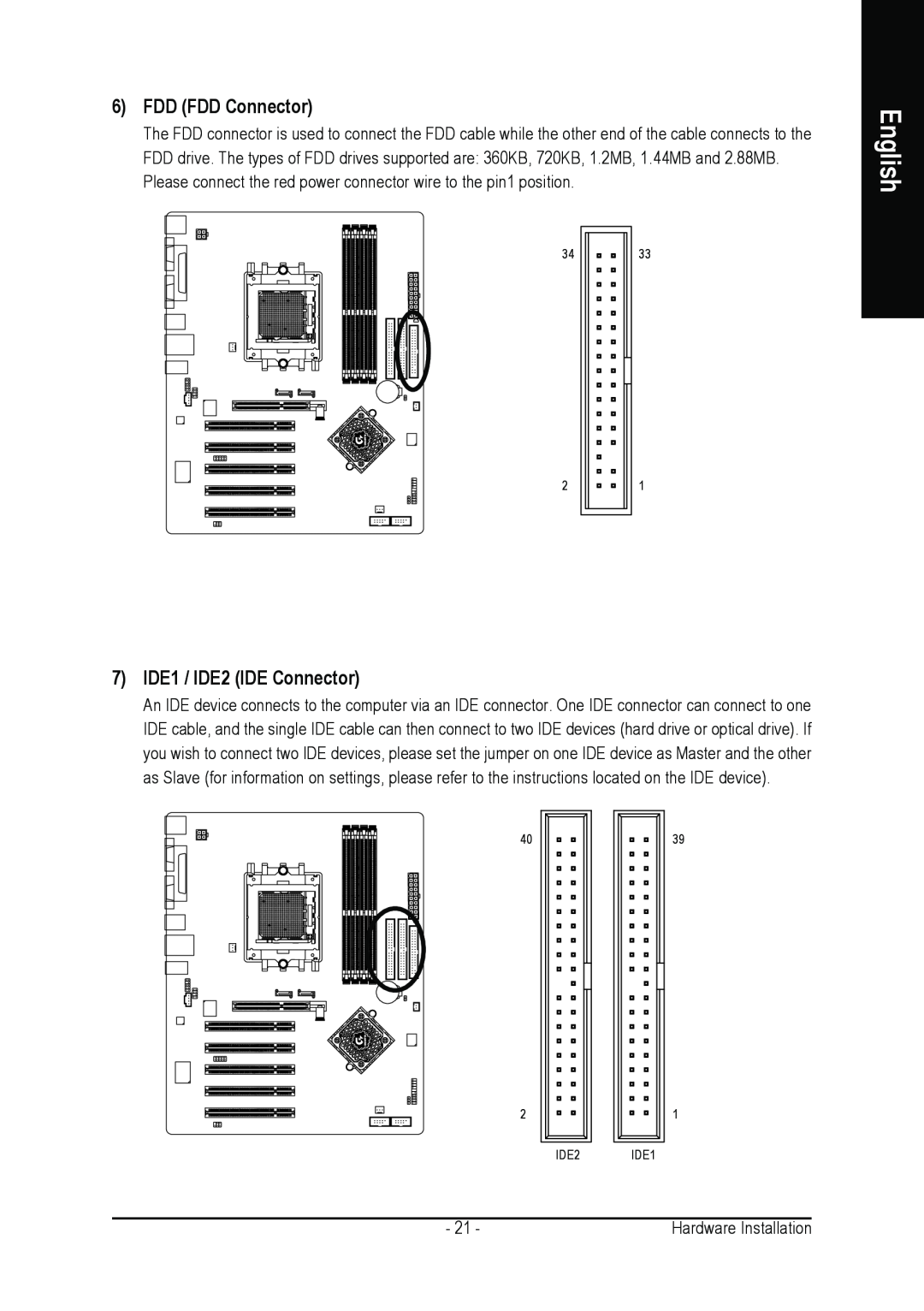 AMD GA-K8NSC-939 user manual FDD FDD Connector, 7 IDE1 / IDE2 IDE Connector, English 