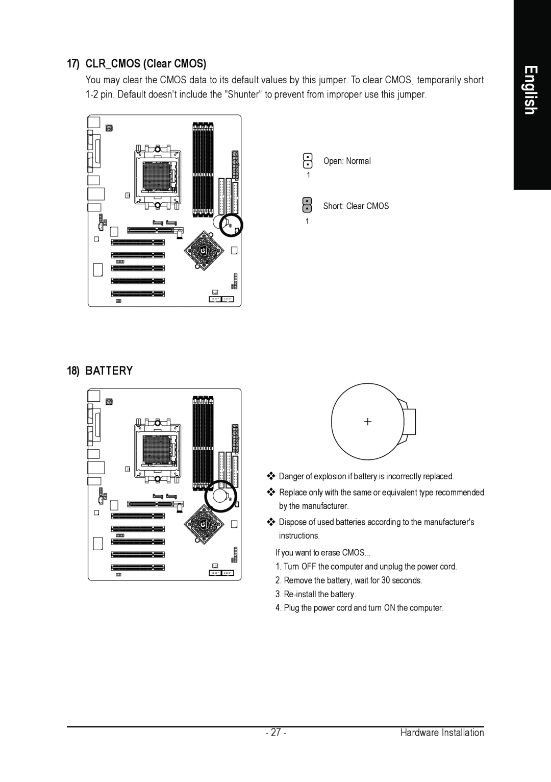 AMD GA-K8NSC-939 user manual CLRCMOS Clear CMOS, Battery, English 