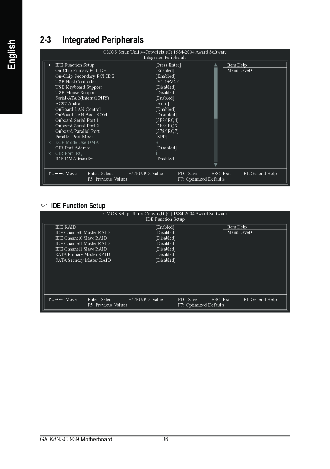 AMD GA-K8NSC-939 user manual Integrated Peripherals, IDE Function Setup, English 
