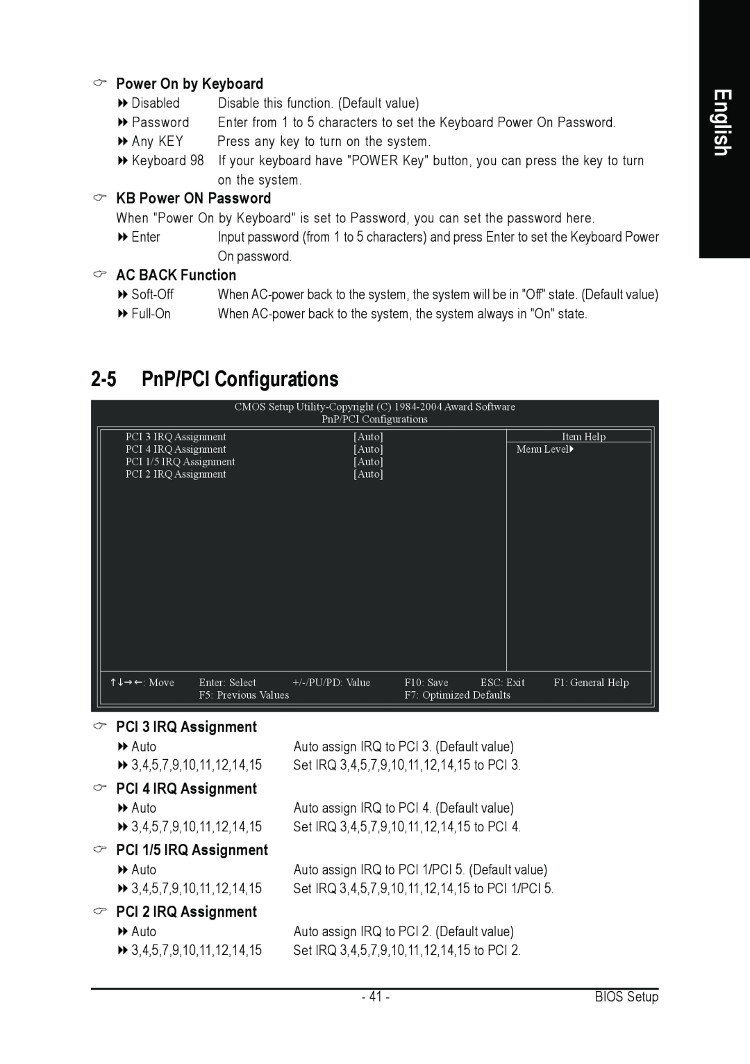 AMD GA-K8NSC-939 user manual PnP/PCI Configurations, Power On by Keyboard, KB Power ON Password, AC BACK Function, English 
