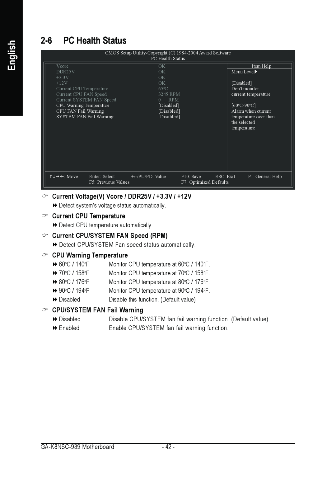 AMD GA-K8NSC-939 PC Health Status, Current VoltageV Vcore / DDR25V / +3.3V / +12V, Current CPU Temperature, English 