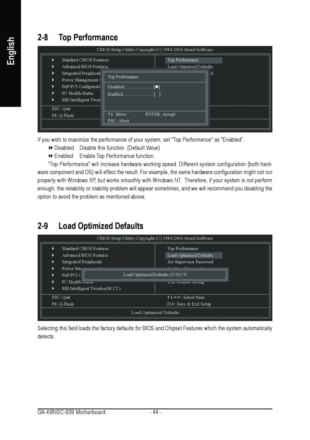 AMD GA-K8NSC-939 user manual Load Optimized Defaults, English, Enable Top Performance function 